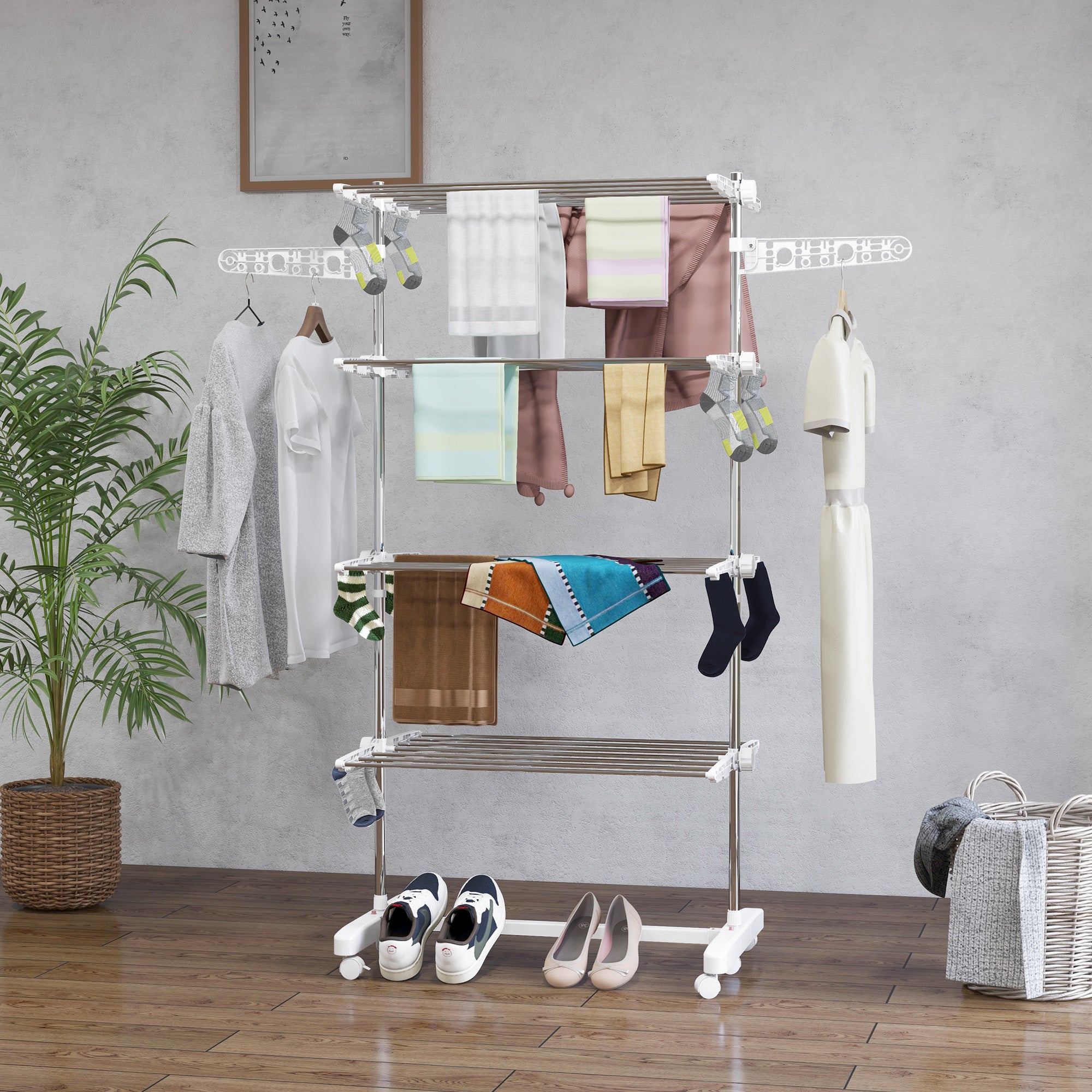 HOMCOM 4-Tier Clothes Airer, Stainless Steel Foldable Clothes Drying Rack with Wheels and Wings, Indoor and Outdoor, Easy Assembly, 142 x 55 x 172cm, White