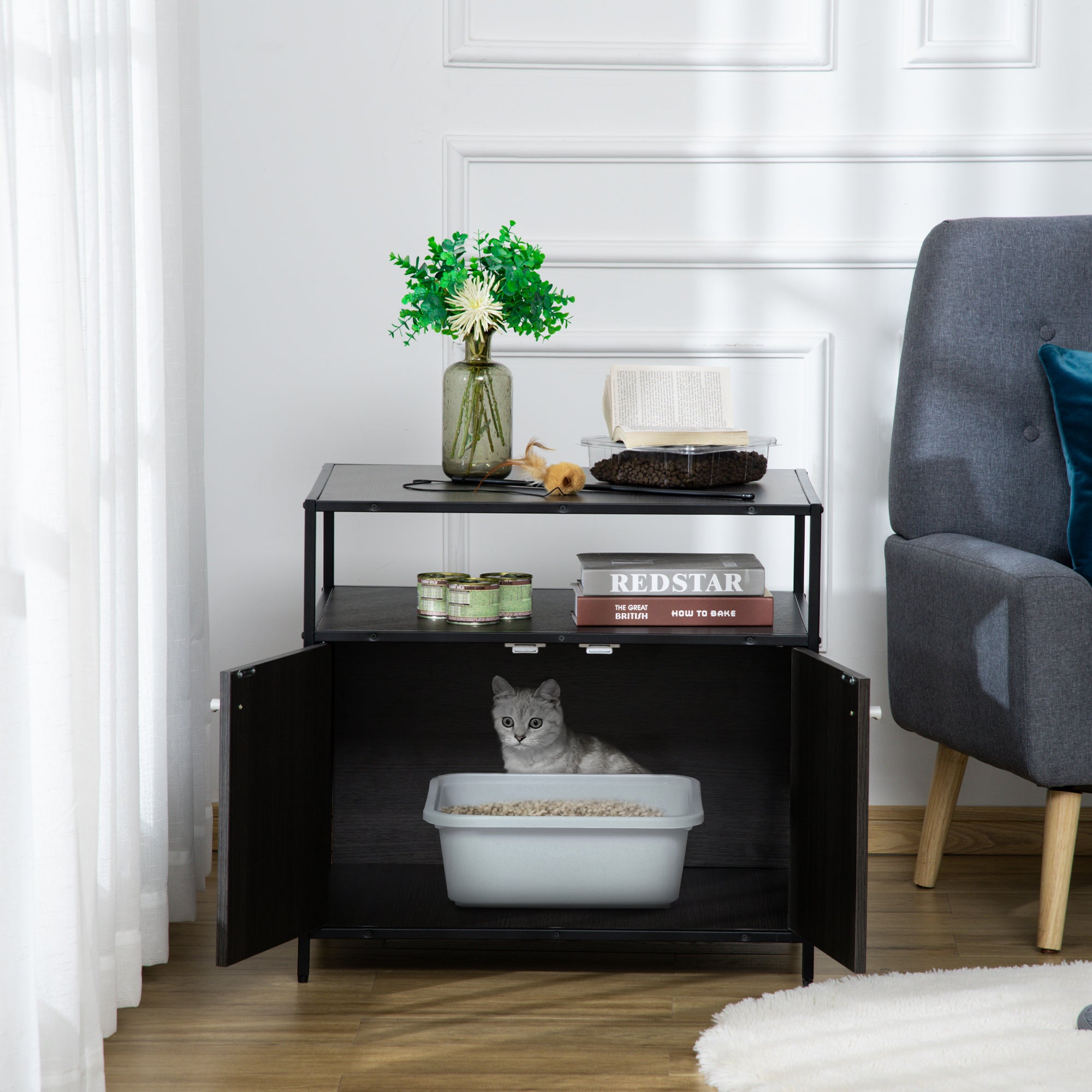 PawHut Wooden Cat Litter Box Enclosure, Hidden Kitten Washroom, Indoor End Table with Magnetic Doors & Storage Shelves, Black