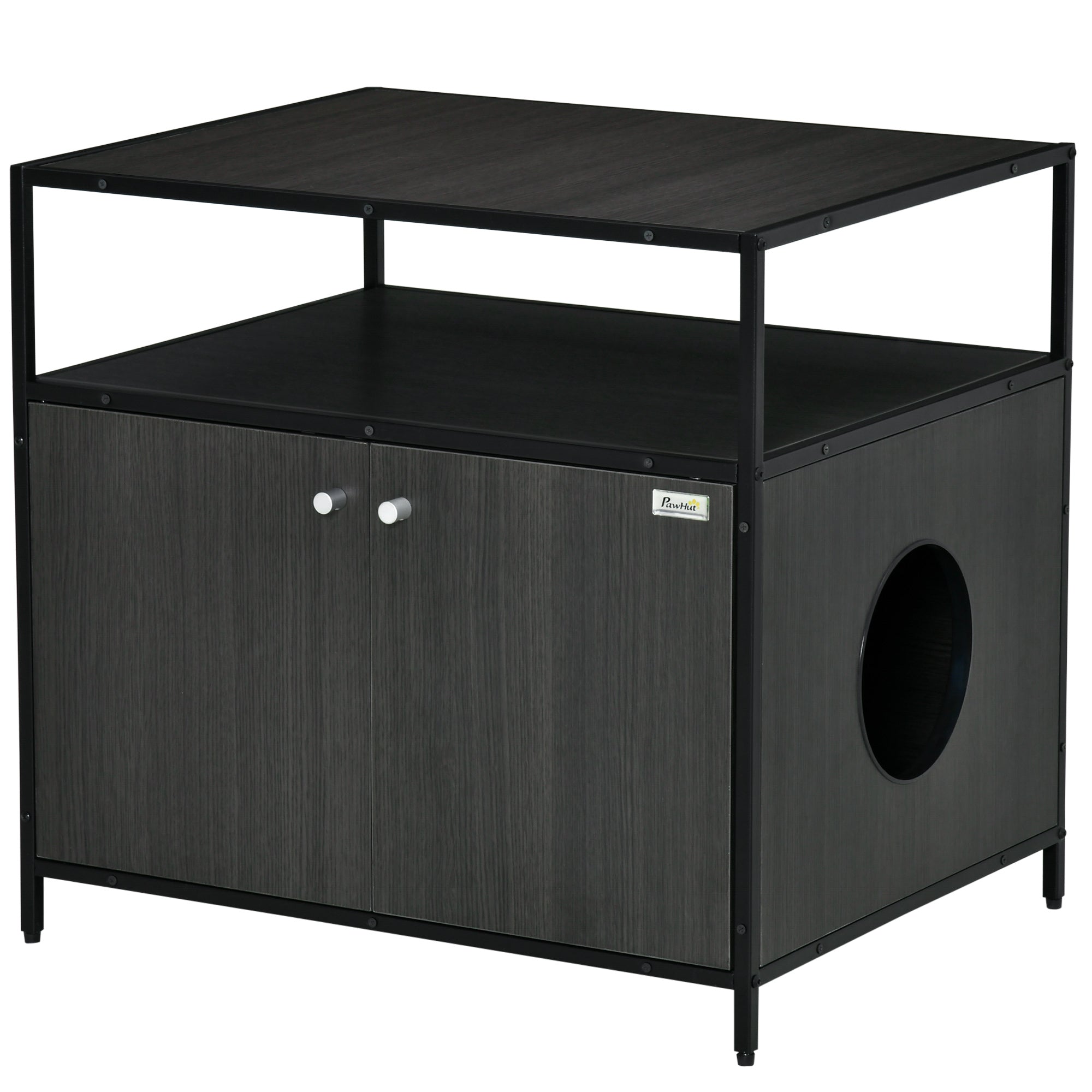 PawHut Wooden Cat Litter Box Enclosure, Hidden Kitten Washroom, Indoor End Table with Magnetic Doors & Storage Shelves, Black