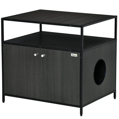 PawHut Wooden Cat Litter Box Enclosure, Hidden Kitten Washroom, Indoor End Table with Magnetic Doors & Storage Shelves, Black