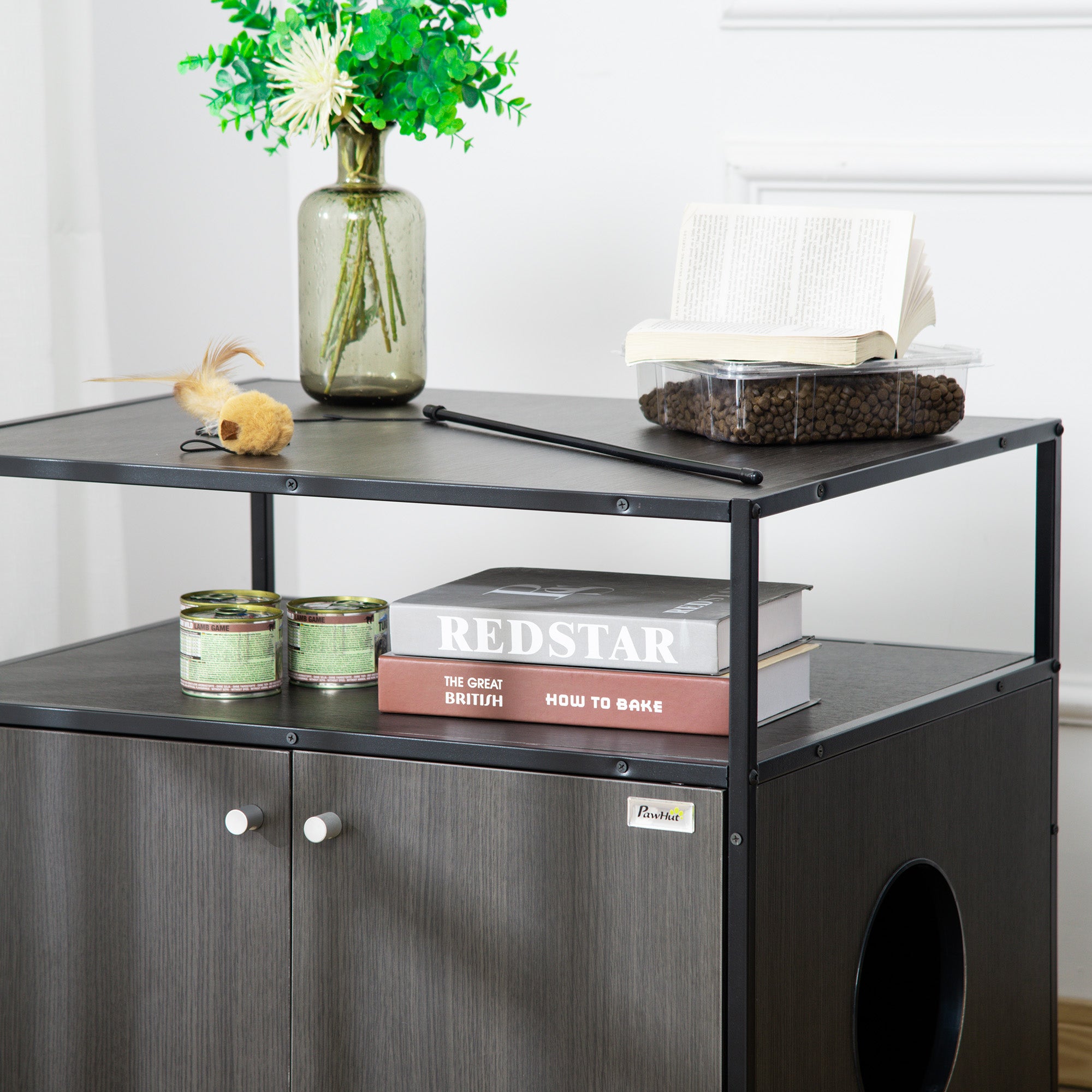 PawHut Wooden Cat Litter Box Enclosure, Hidden Kitten Washroom, Indoor End Table with Magnetic Doors & Storage Shelves, Black