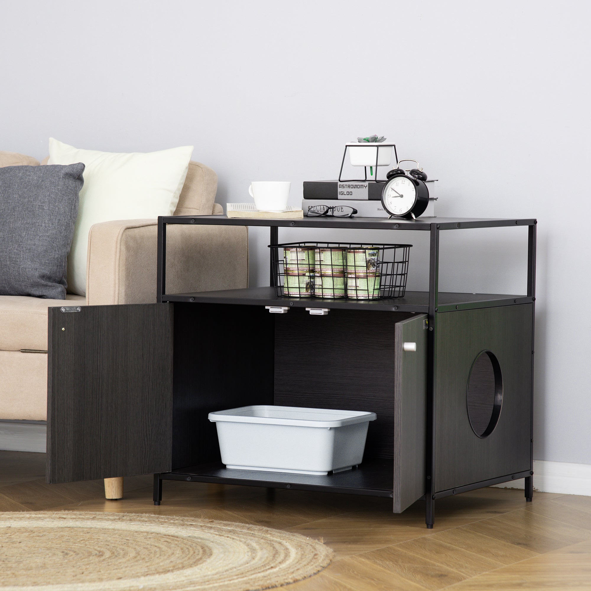 PawHut Wooden Cat Litter Box Enclosure, Hidden Kitten Washroom, Indoor End Table with Magnetic Doors & Storage Shelves, Black