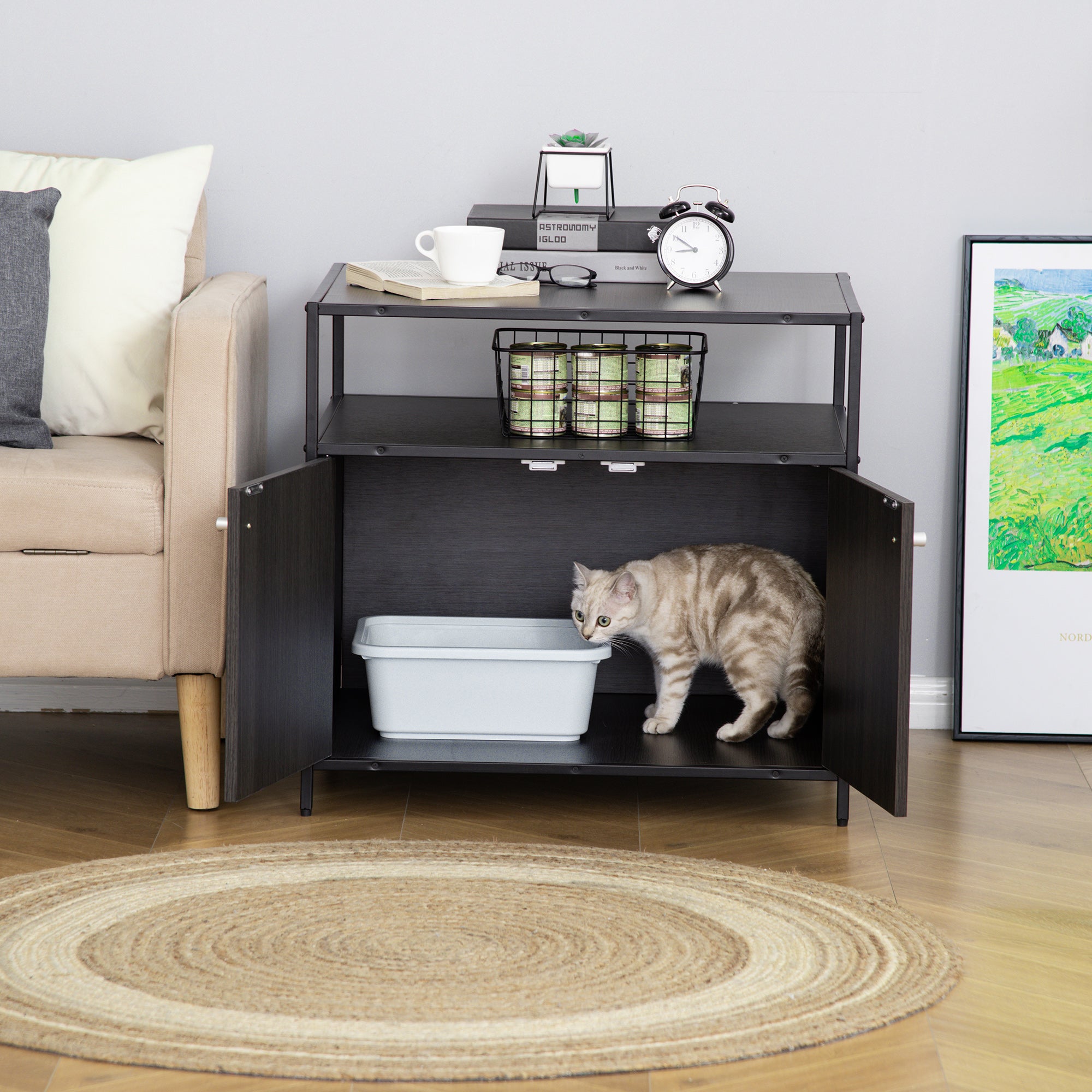 PawHut Wooden Cat Litter Box Enclosure, Hidden Kitten Washroom, Indoor End Table with Magnetic Doors & Storage Shelves, Black