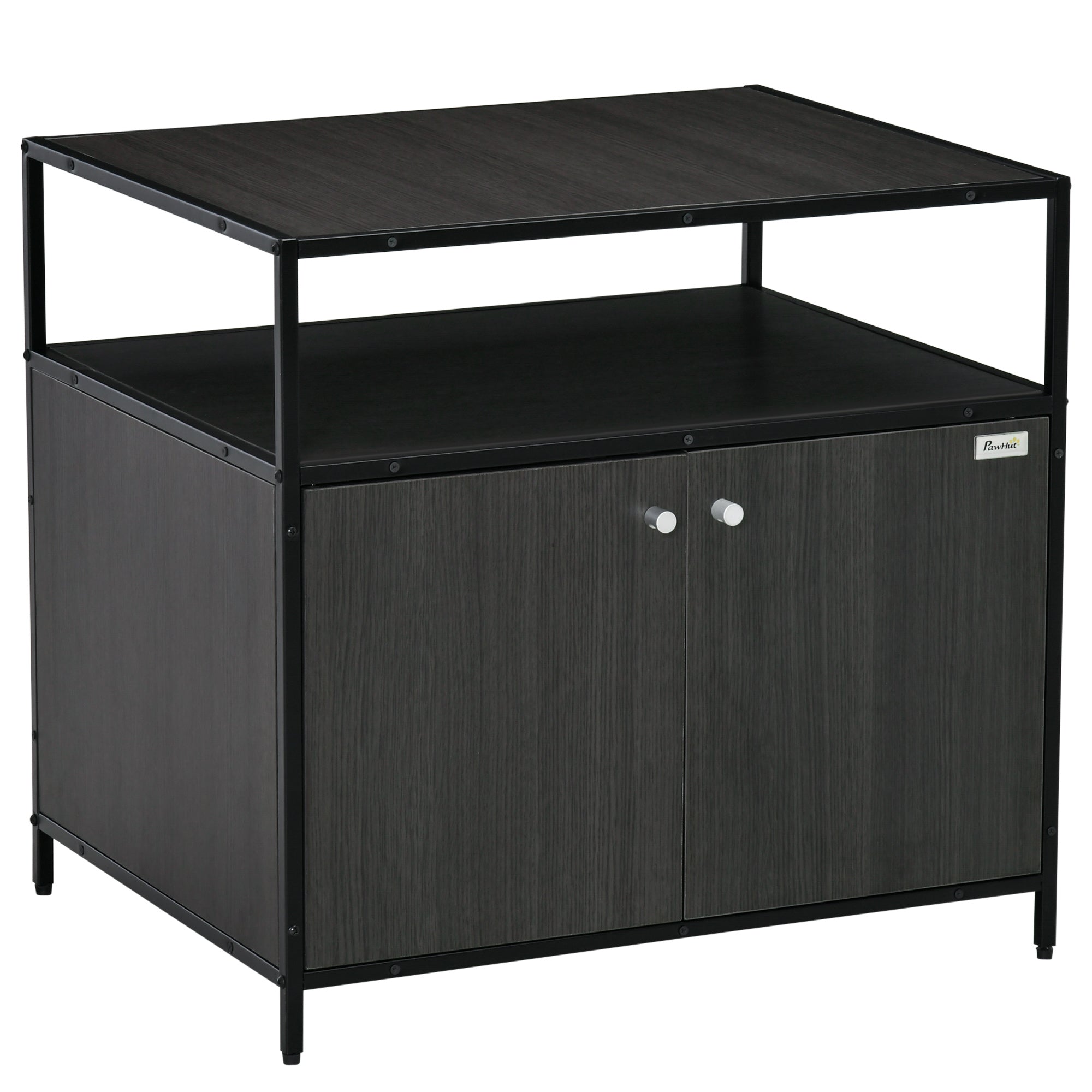 PawHut Wooden Cat Litter Box Enclosure, Hidden Kitten Washroom, Indoor End Table with Magnetic Doors & Storage Shelves, Black