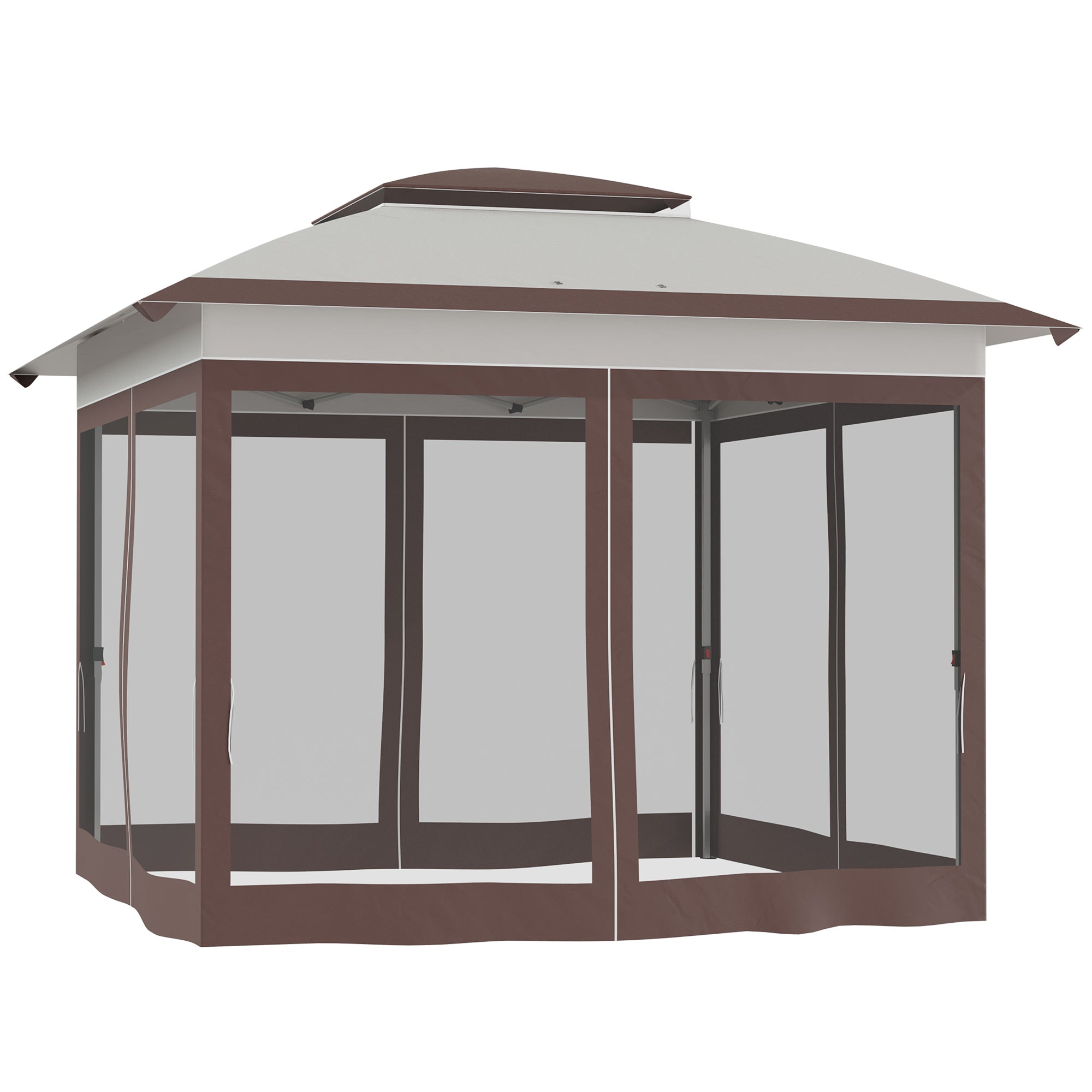 Outsunny 12' x 12' Pop Up Canopy Sun Shade Instant Tent Folding with Mesh Sidewalls, 3-Level Adjustable Height and Storage Bag, Beige