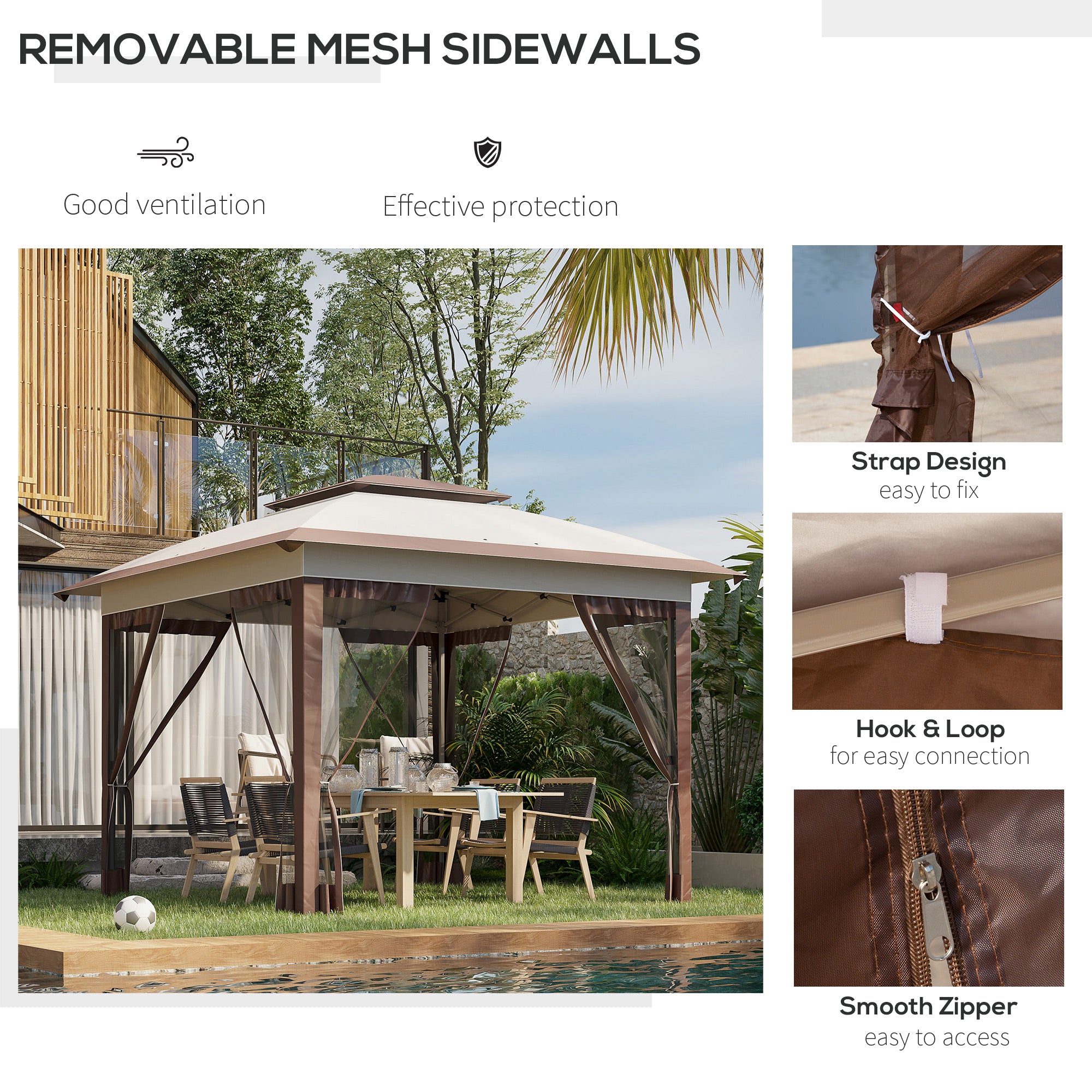 Outsunny 12' x 12' Pop Up Canopy Sun Shade Instant Tent Folding with Mesh Sidewalls, 3-Level Adjustable Height and Storage Bag, Beige