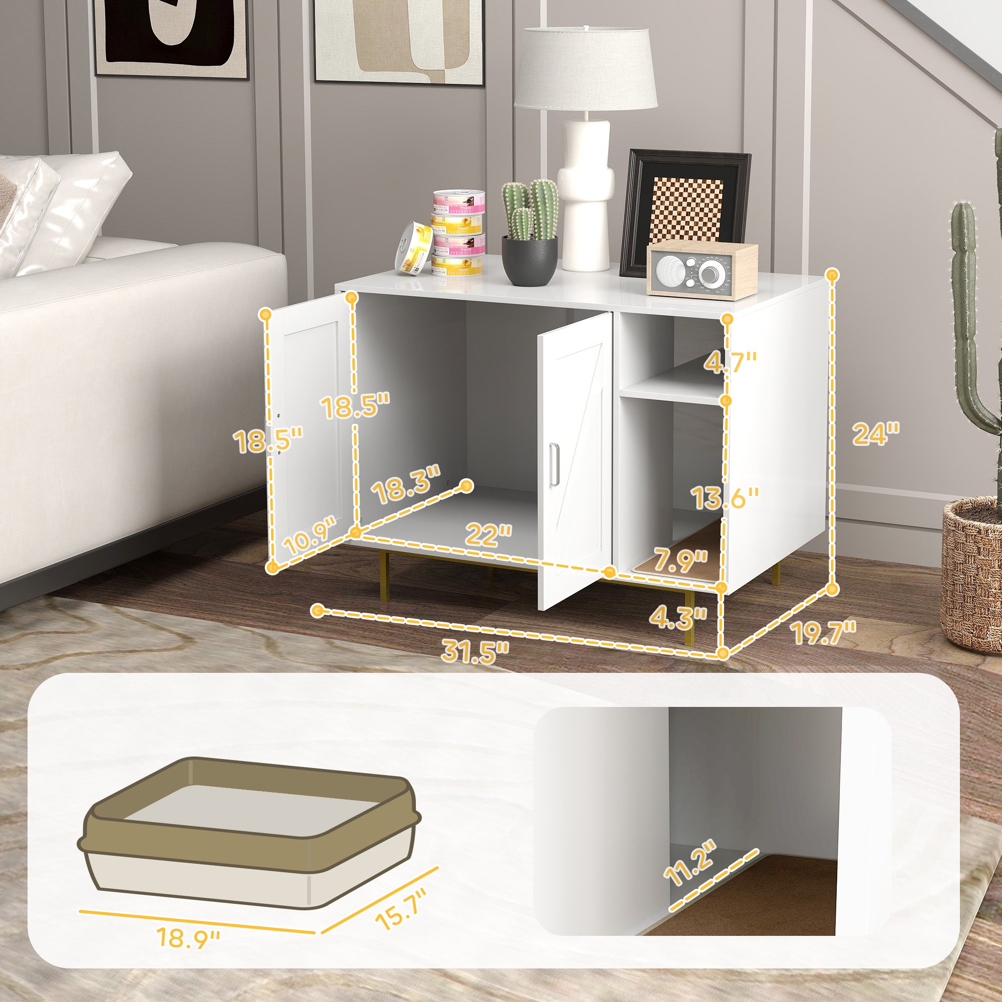 PawHut Cat Litter Box Enclosure, Kitty Litter Box Furniture with Scratching Pad, Storage, Hidden Litter Box End Side Table for Living Room, Bedroom, 31.5" x 20" x 24", White