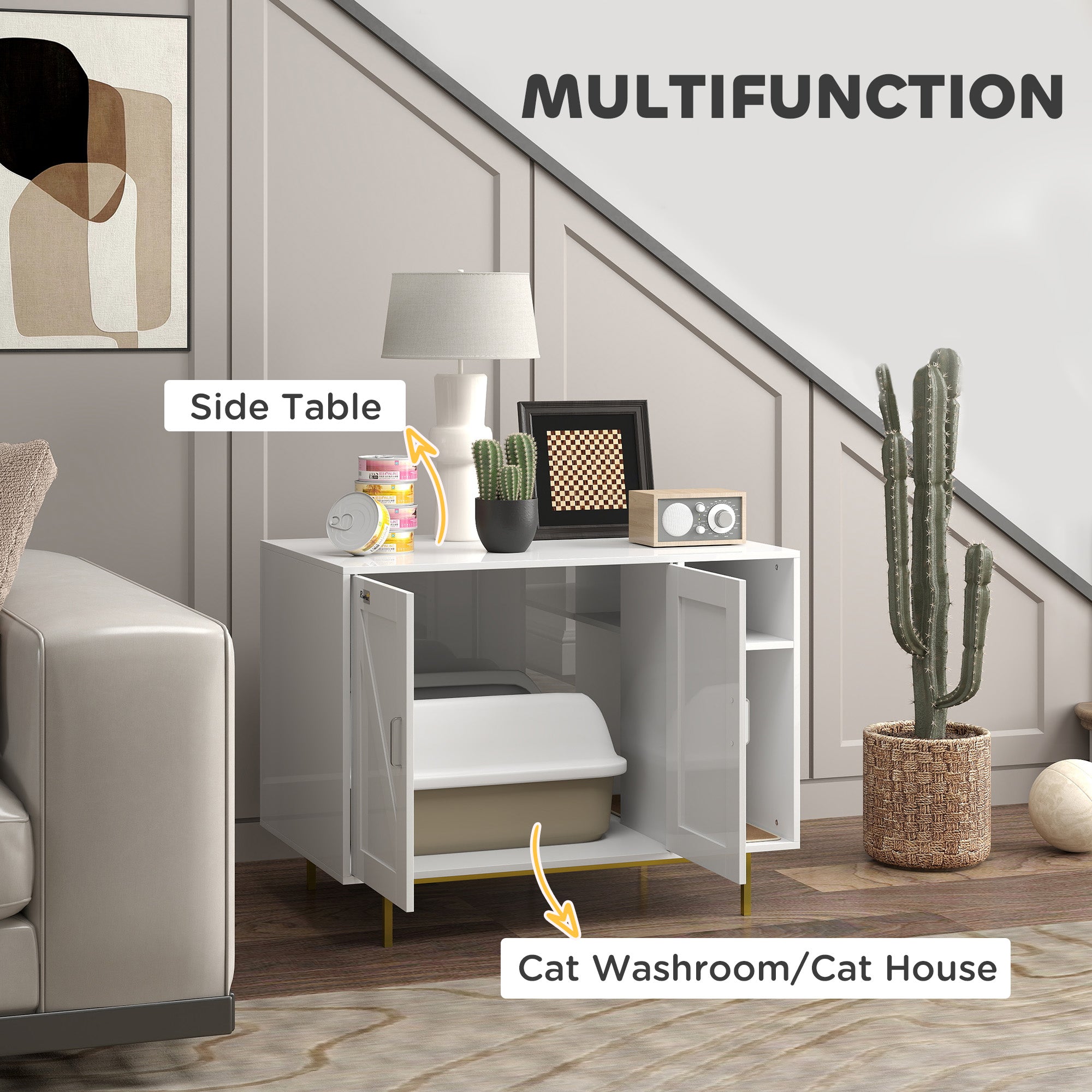 PawHut Cat Litter Box Enclosure, Kitty Litter Box Furniture with Scratching Pad, Storage, Hidden Litter Box End Side Table for Living Room, Bedroom, 31.5" x 20" x 24", White