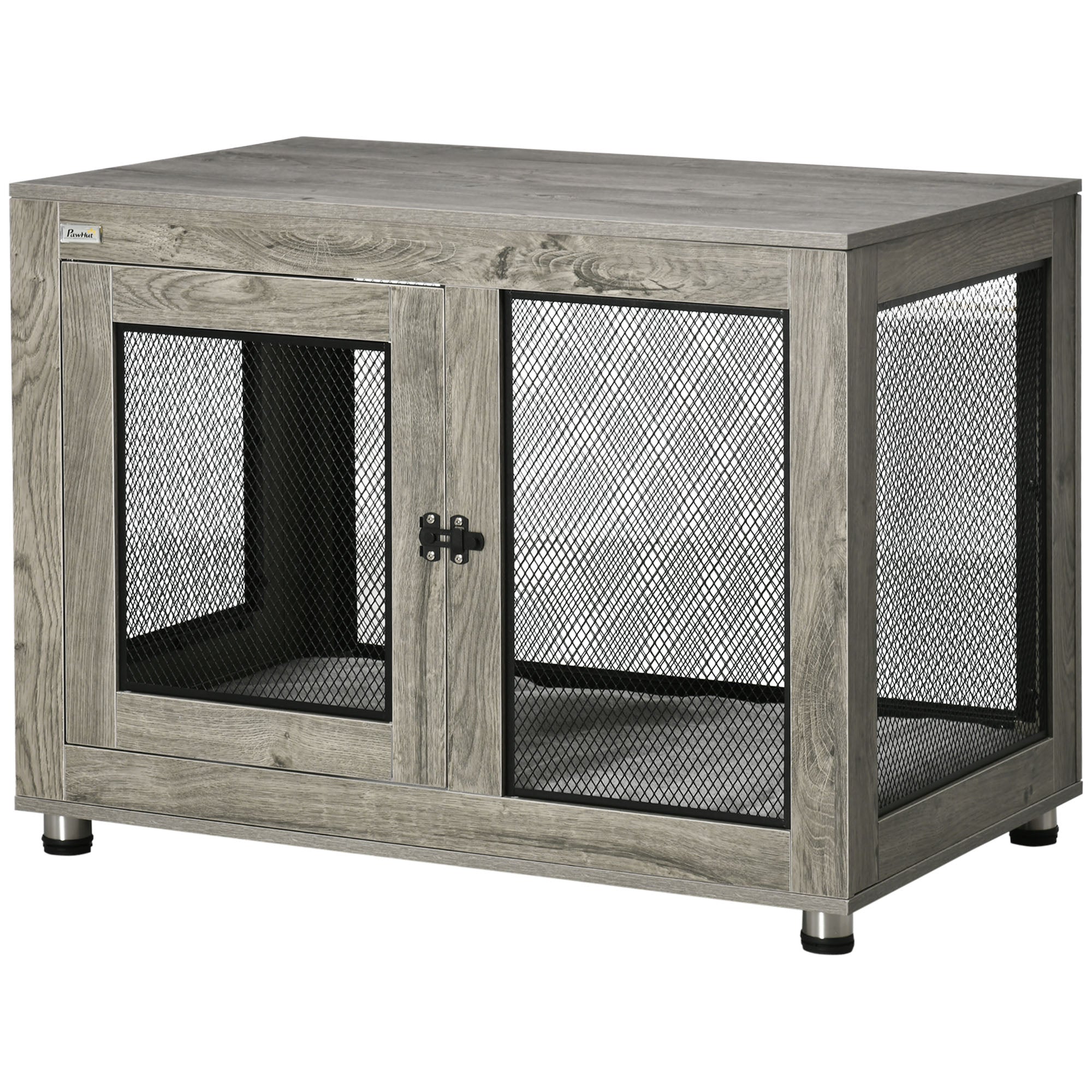 PawHut Dog Crate Furniture End Table w/ Soft Washable Cushion, Two Doors, Indoor Pet Kennel for Small Medium Large Dogs w/ Wire Mesh, Grey