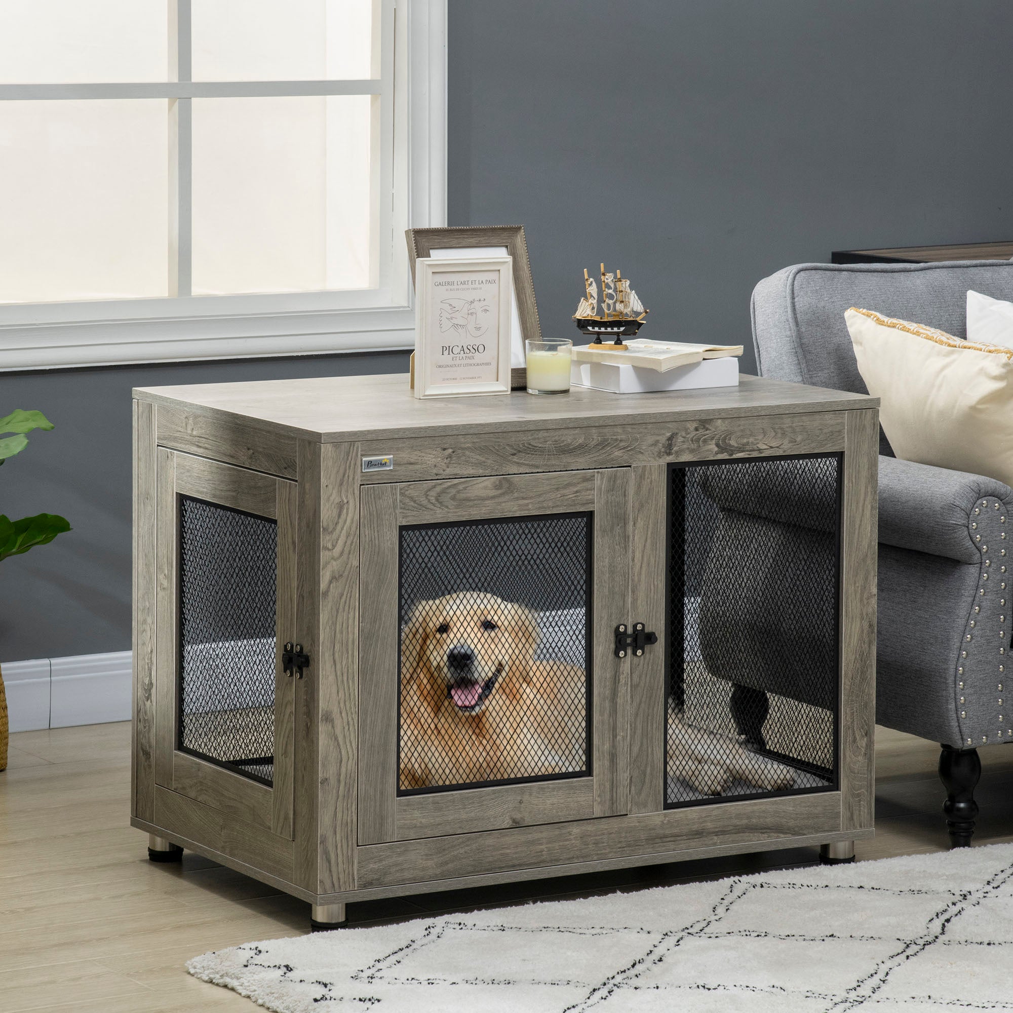 PawHut Dog Crate Furniture End Table w/ Soft Washable Cushion, Two Doors, Indoor Pet Kennel for Small Medium Large Dogs w/ Wire Mesh, Grey