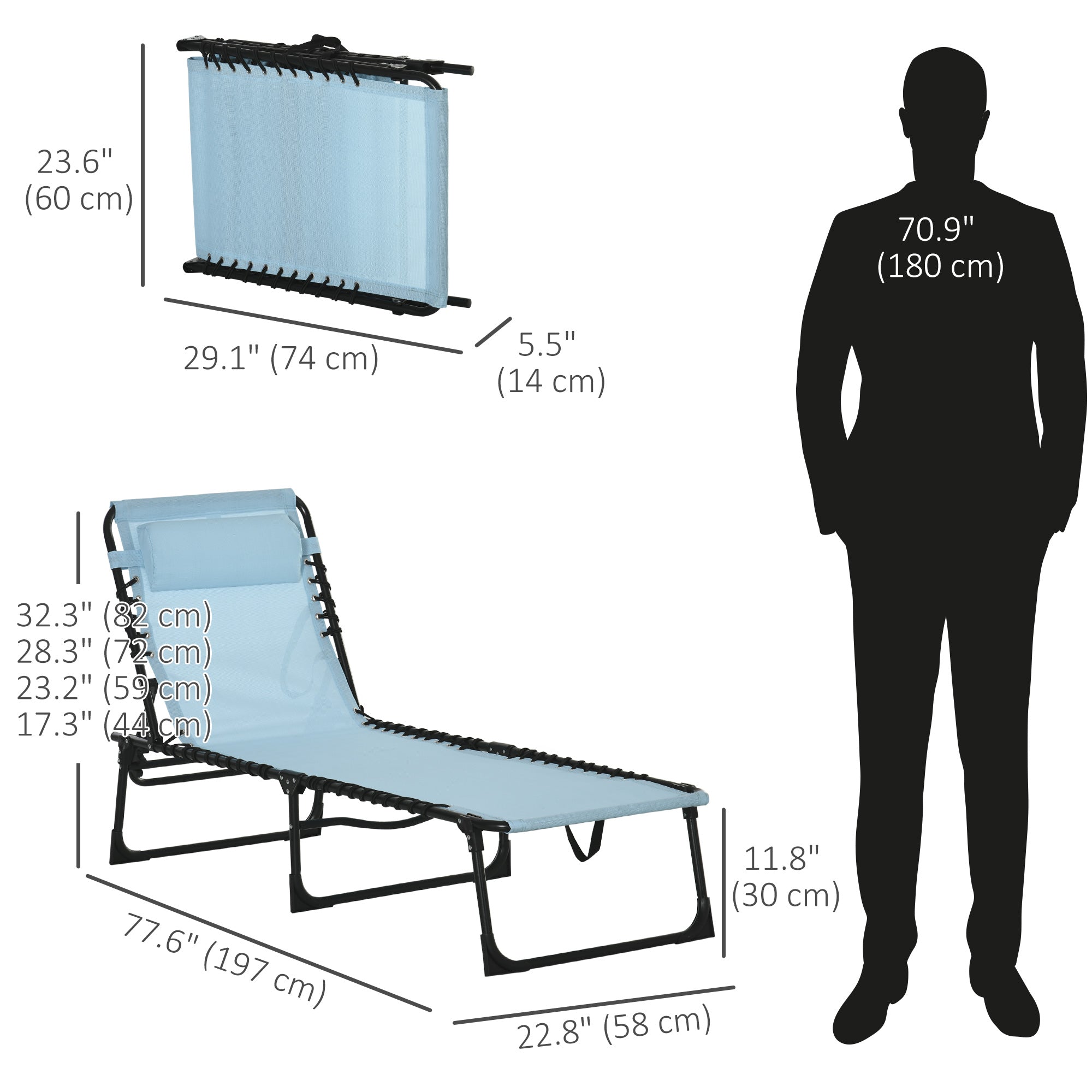 Outsunny Outdoor Folding Lounge Chair, 4-Level Adjustable Chaise Lounge with Headrest, Tanning Chair Beach Bed, Reclining Lounger Cot for Camping, Hiking, Backyard, Light Blue