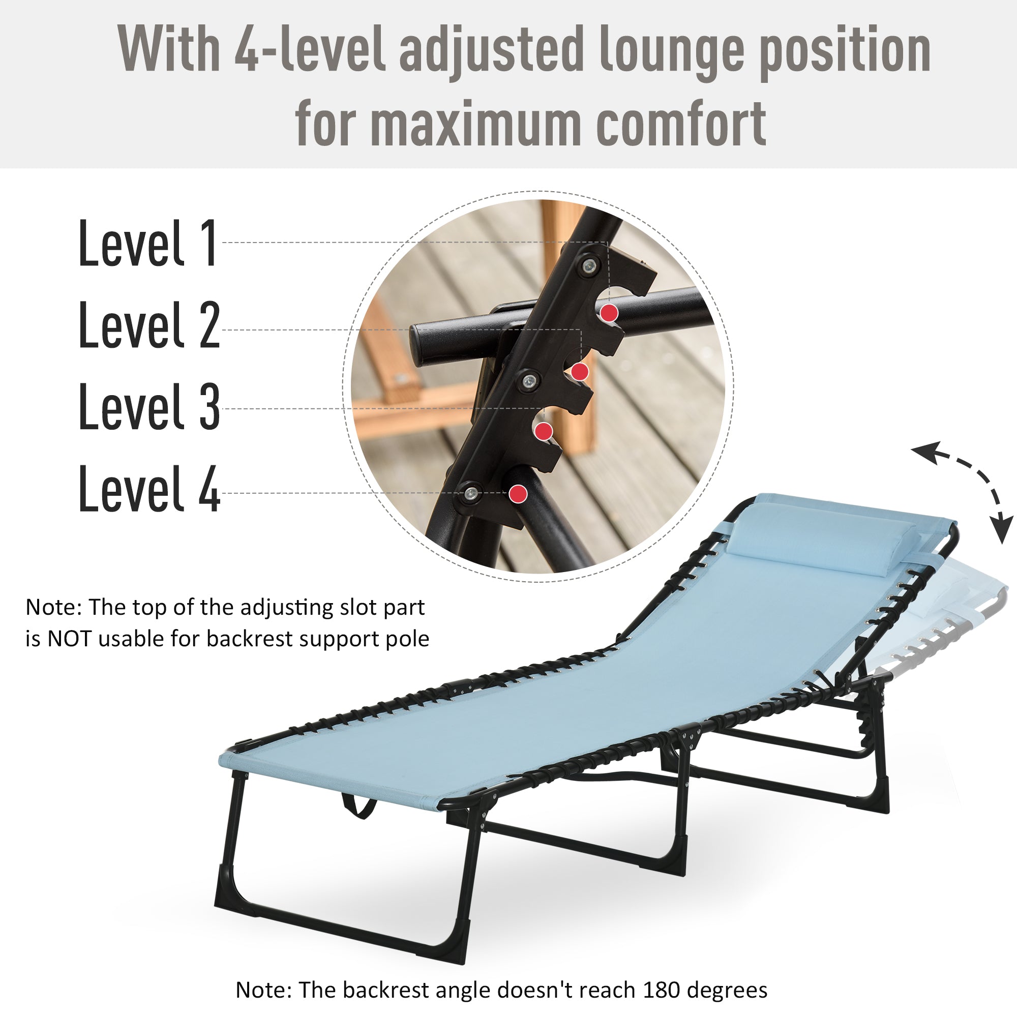 Outsunny Outdoor Folding Lounge Chair, 4-Level Adjustable Chaise Lounge with Headrest, Tanning Chair Beach Bed, Reclining Lounger Cot for Camping, Hiking, Backyard, Light Blue