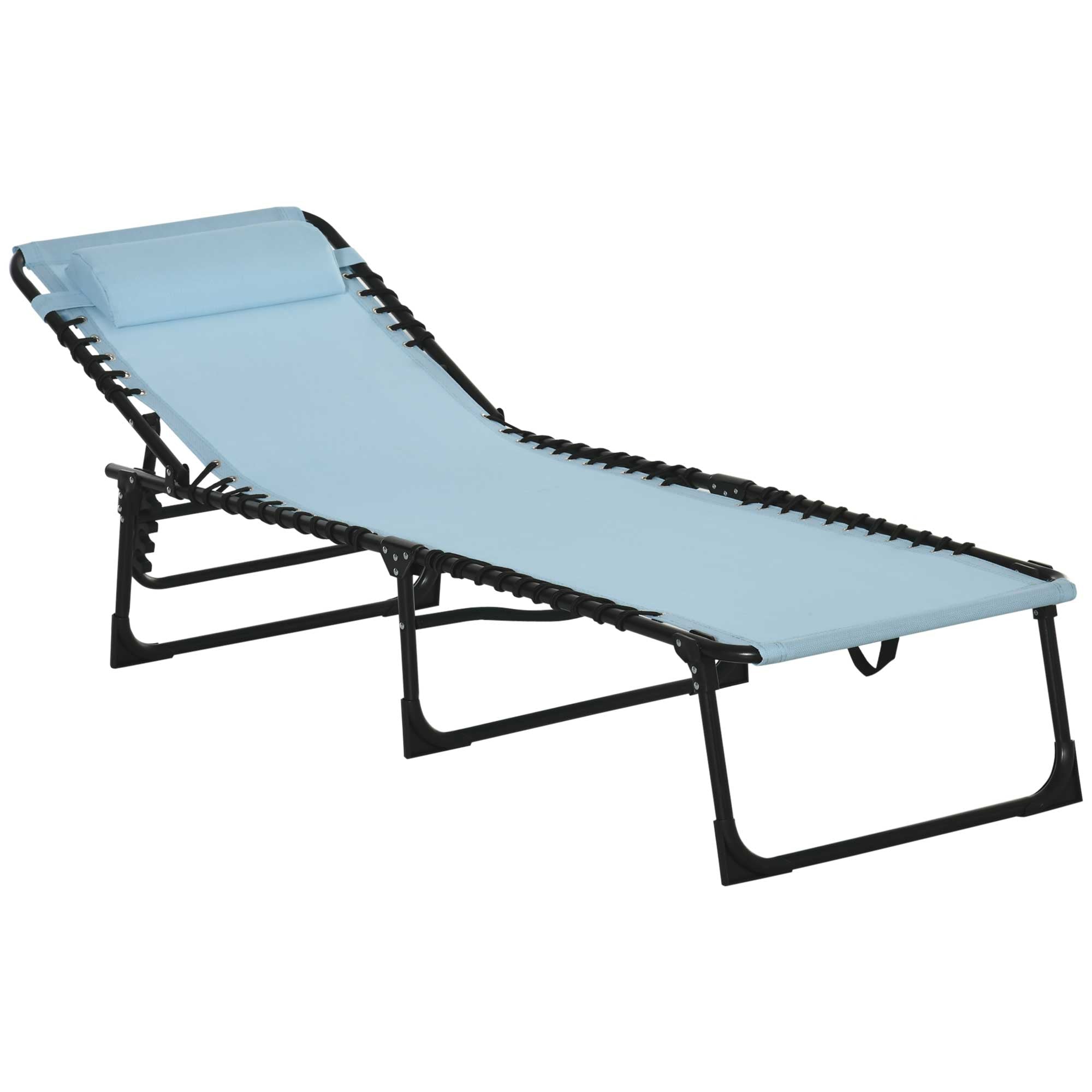Outsunny Outdoor Folding Lounge Chair, 4-Level Adjustable Chaise Lounge with Headrest, Tanning Chair Beach Bed, Reclining Lounger Cot for Camping, Hiking, Backyard, Light Blue