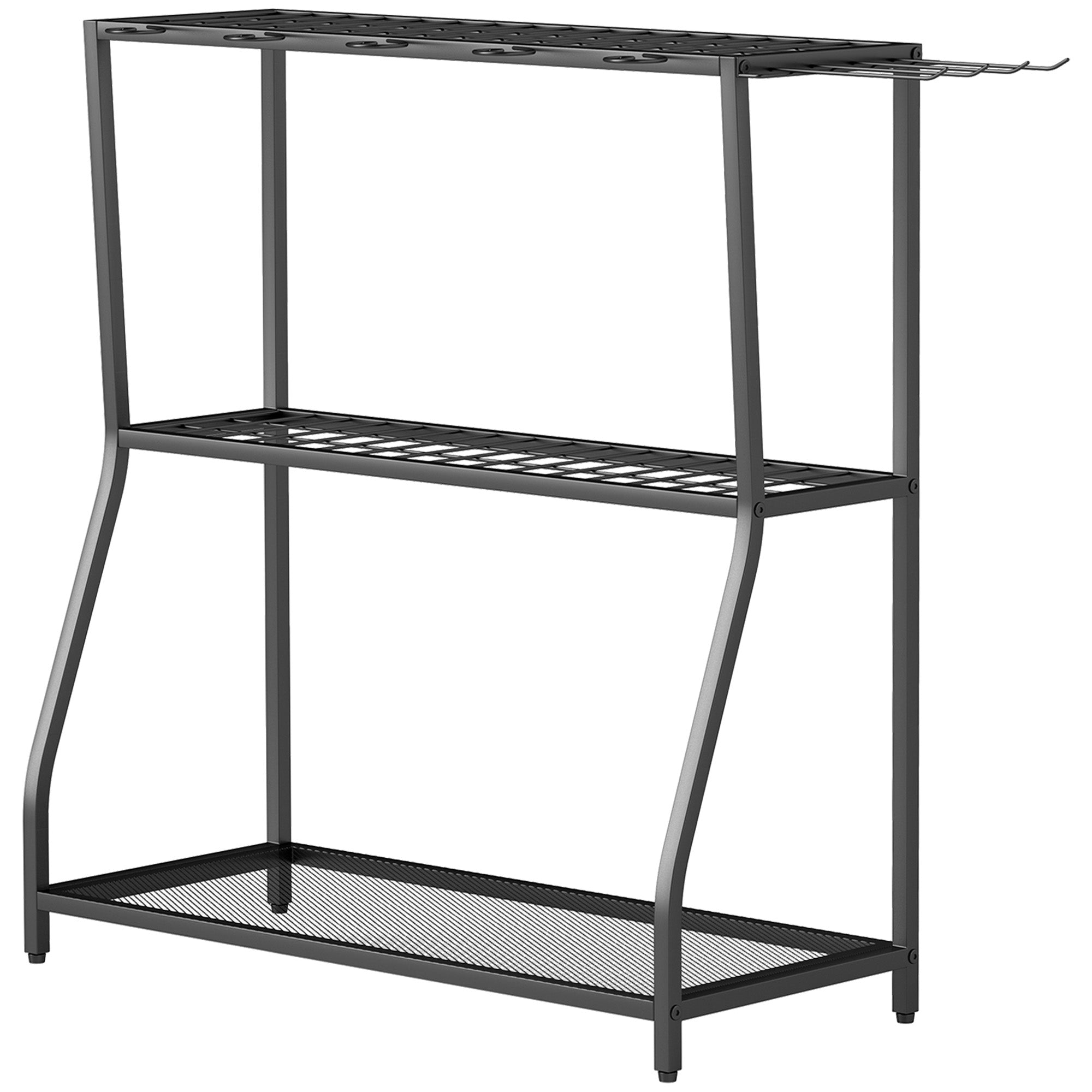 Outsunny Garden Tool Organizer with Storage Hooks, 3-Tier Yard Tool Tower Rack for Garage Organization, Hold Long-Handled Rakes, Shovel, Broom, Metal Tool Holder for Shed, Black