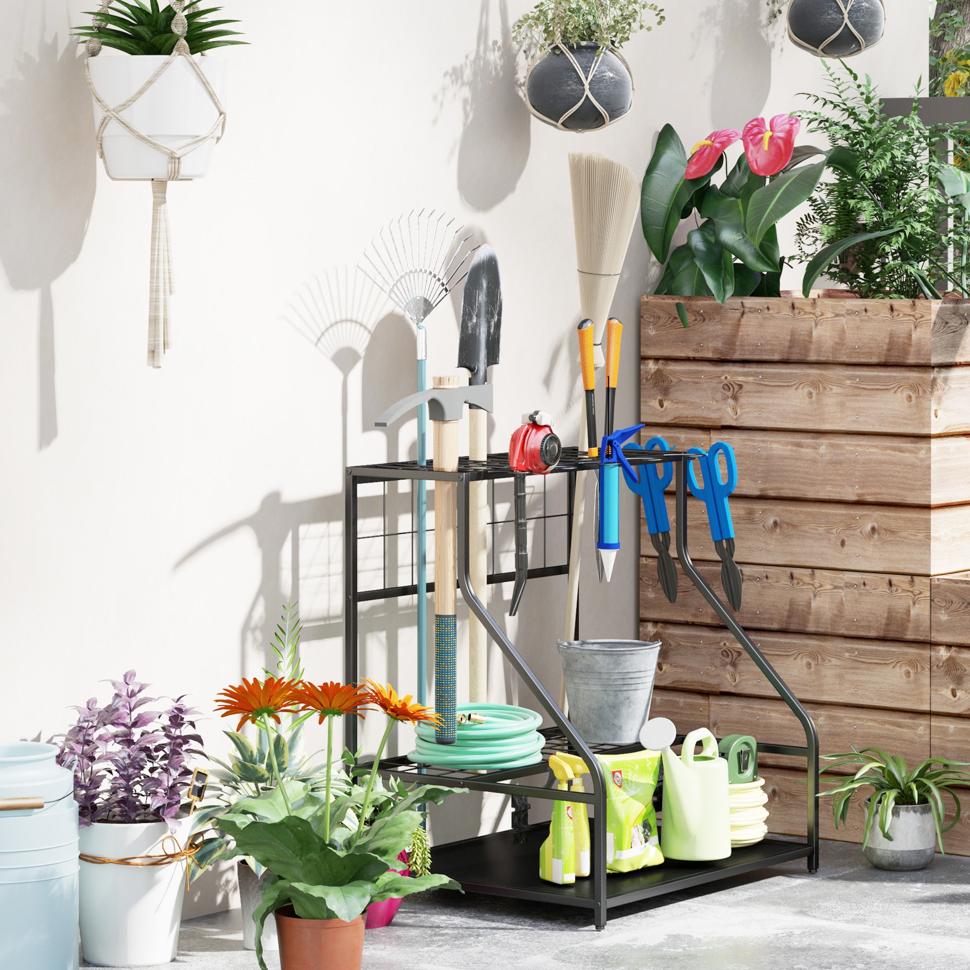 Outsunny Garden Tool Organizer with Storage Hooks, 3-Tier Yard Tool Tower Rack for Garage Organization, Hold Long-Handled Rakes, Shovel, Broom, Metal Tool Holder for Shed, Black