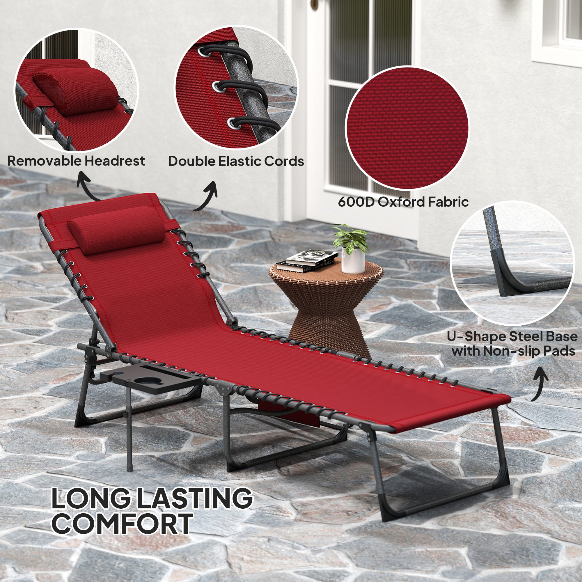 Outsunny Folding Outdoor Lounge Chair with Side Table, 5-Level Adjustable Chaise Lounge Chair, Patio Sun Tanning Chair with Pillow, Side Pocket for Backyard, Beach, Poolside, Red
