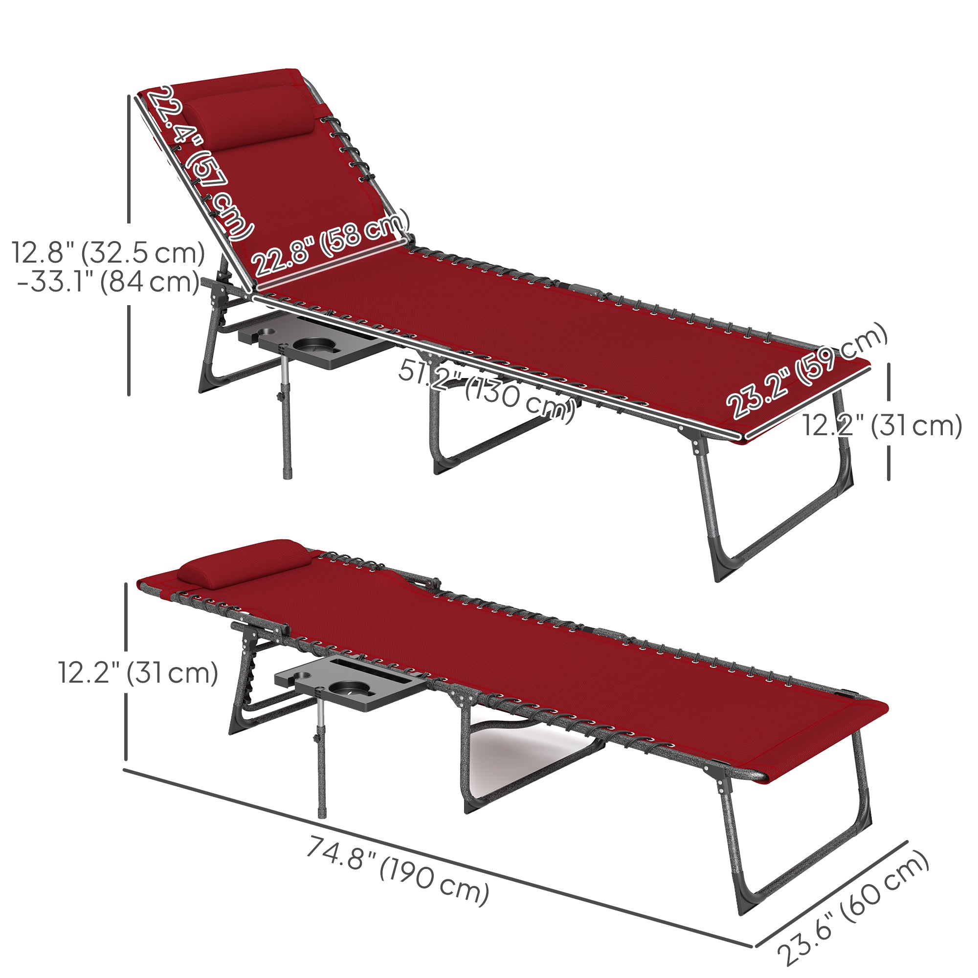 Outsunny Folding Outdoor Lounge Chair with Side Table, 5-Level Adjustable Chaise Lounge Chair, Patio Sun Tanning Chair with Pillow, Side Pocket for Backyard, Beach, Poolside, Red