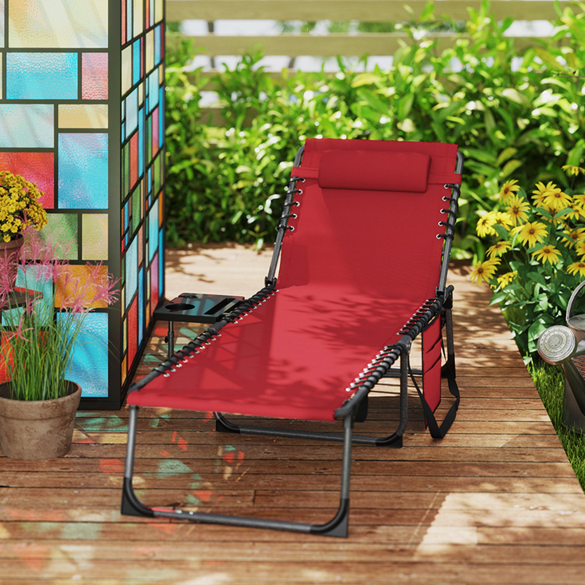 Outsunny Folding Outdoor Lounge Chair with Side Table, 5-Level Adjustable Chaise Lounge Chair, Patio Sun Tanning Chair with Pillow, Side Pocket for Backyard, Beach, Poolside, Red