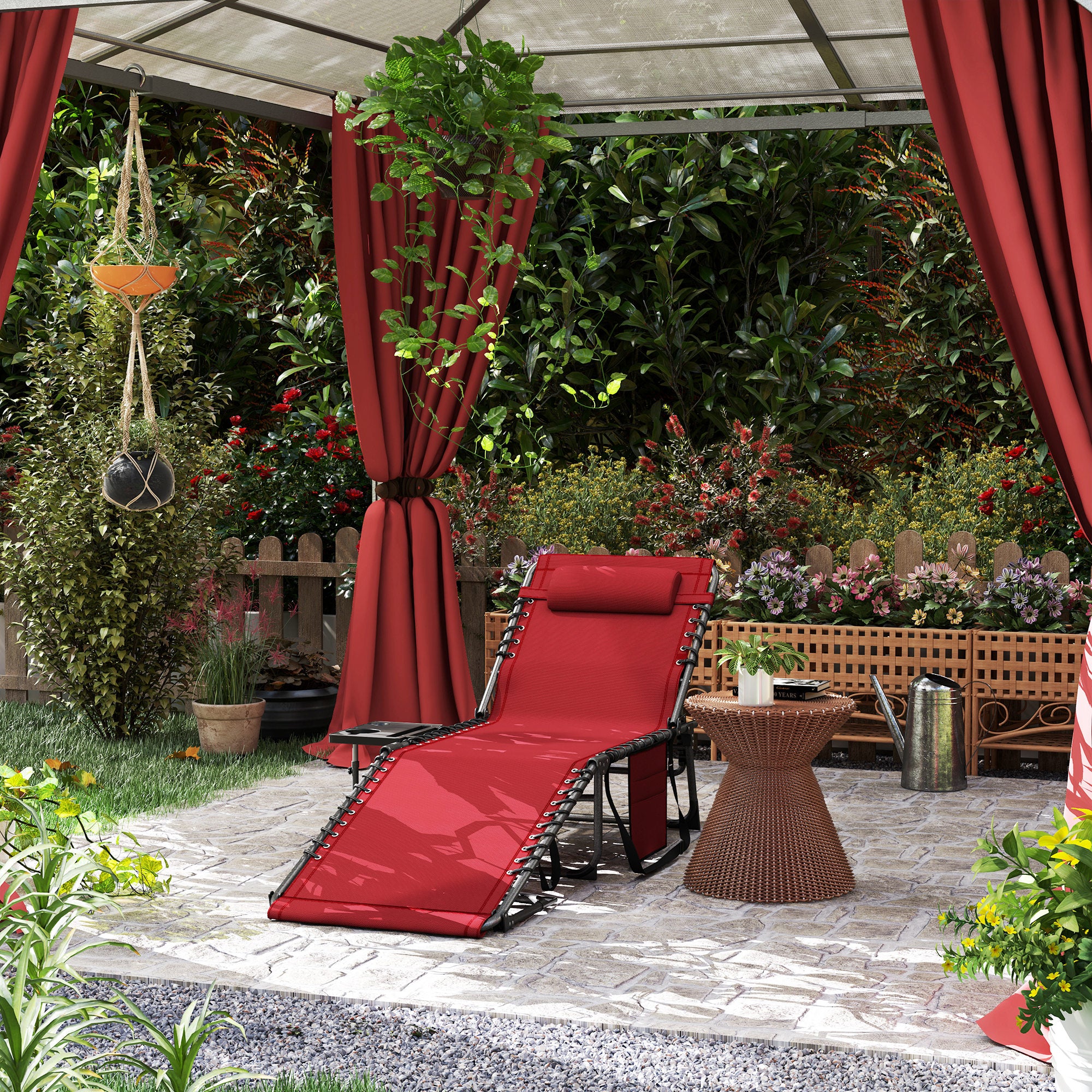Outsunny Folding Outdoor Lounge Chair with Side Table, 5-Level Adjustable Chaise Lounge Chair, Patio Sun Tanning Chair with Pillow, Side Pocket for Backyard, Beach, Poolside, Red