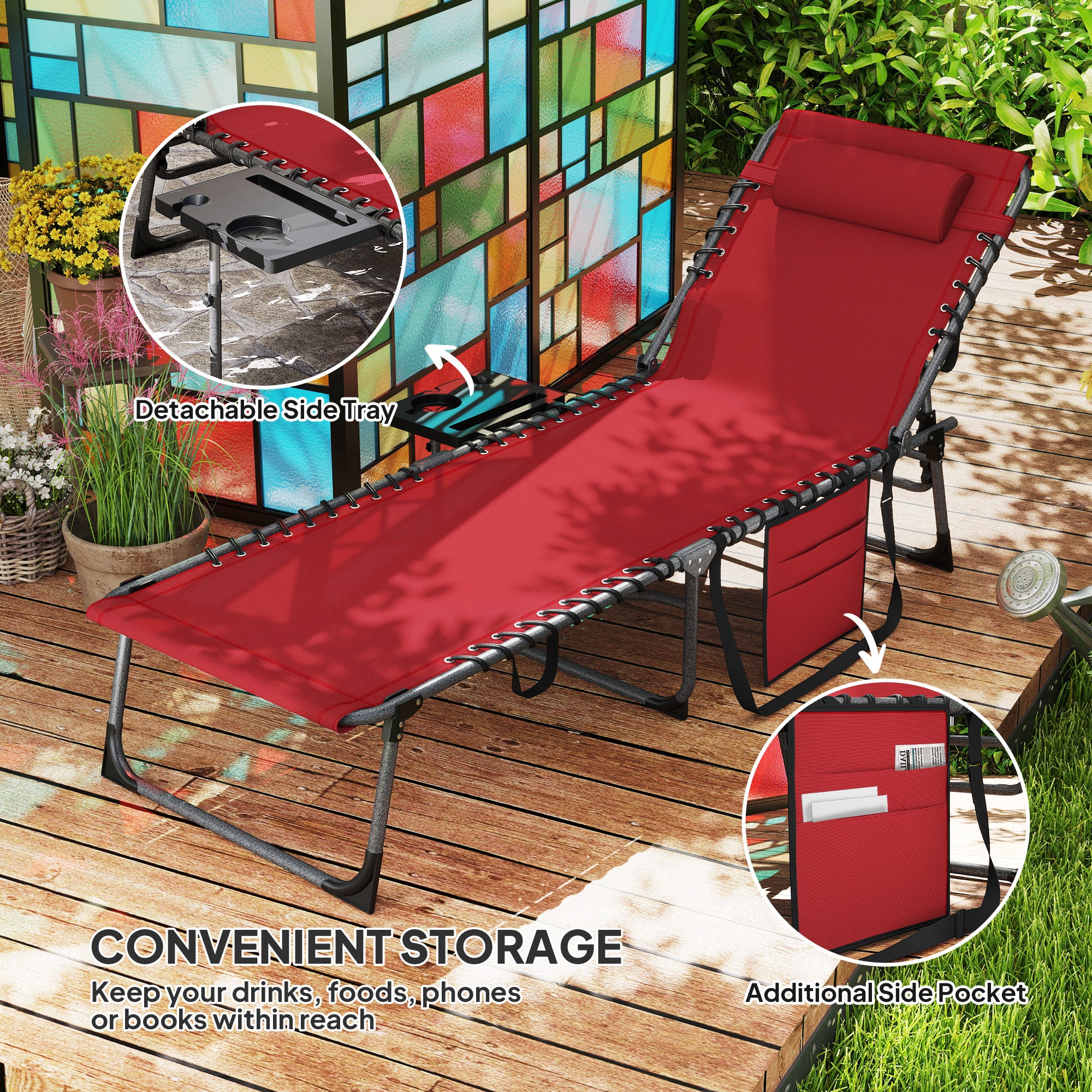 Outsunny Folding Outdoor Lounge Chair with Side Table, 5-Level Adjustable Chaise Lounge Chair, Patio Sun Tanning Chair with Pillow, Side Pocket for Backyard, Beach, Poolside, Red