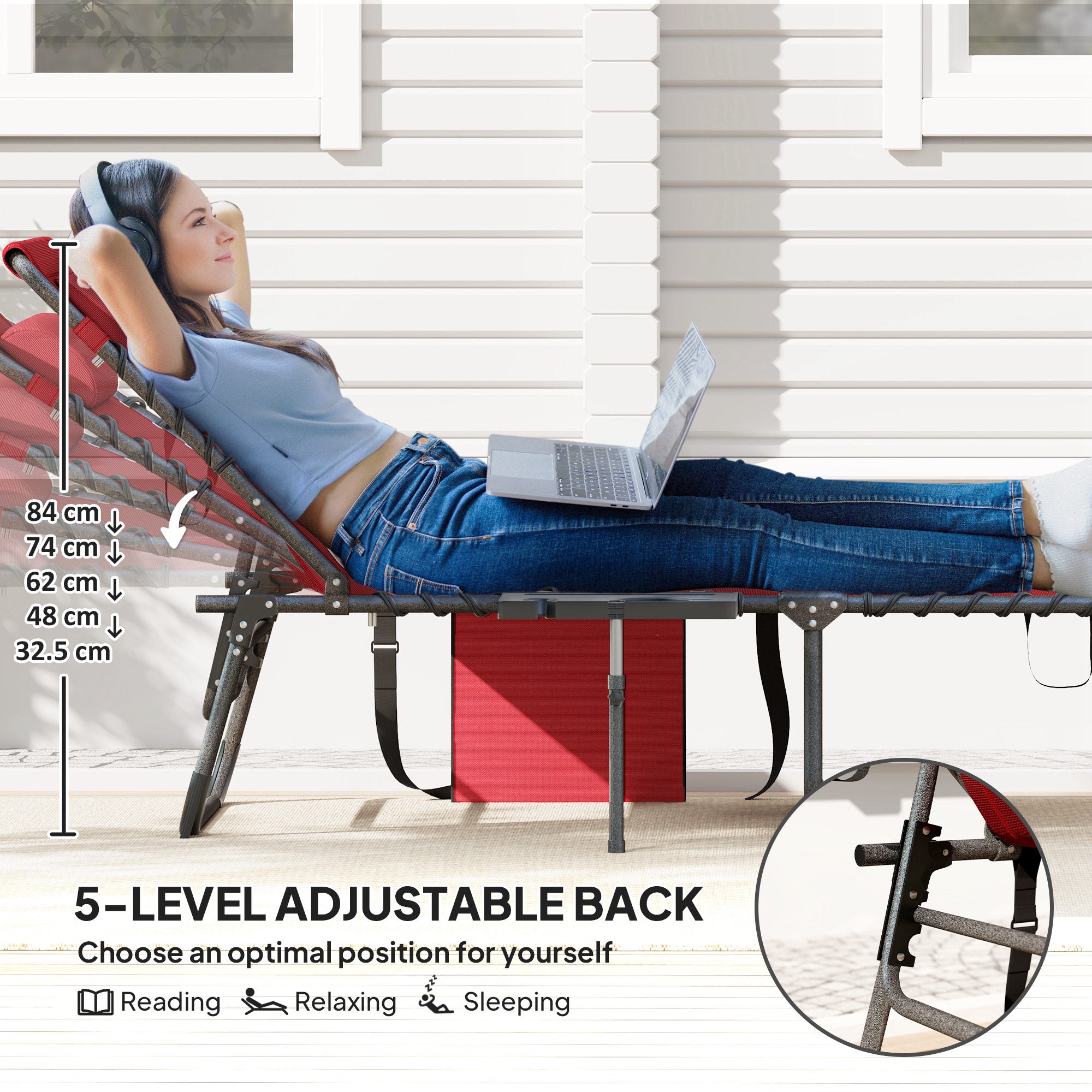 Outsunny Folding Outdoor Lounge Chair with Side Table, 5-Level Adjustable Chaise Lounge Chair, Patio Sun Tanning Chair with Pillow, Side Pocket for Backyard, Beach, Poolside, Red