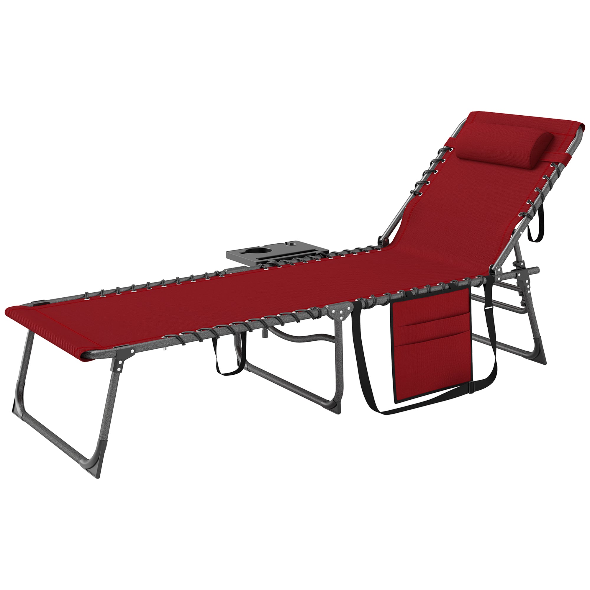 Outsunny Folding Outdoor Lounge Chair with Side Table, 5-Level Adjustable Chaise Lounge Chair, Patio Sun Tanning Chair with Pillow, Side Pocket for Backyard, Beach, Poolside, Red