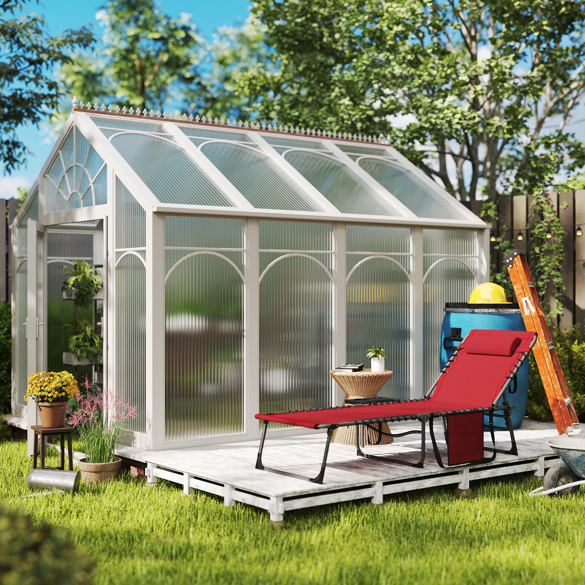 Outsunny Folding Outdoor Lounge Chair with Side Table, 5-Level Adjustable Chaise Lounge Chair, Patio Sun Tanning Chair with Pillow, Side Pocket for Backyard, Beach, Poolside, Red