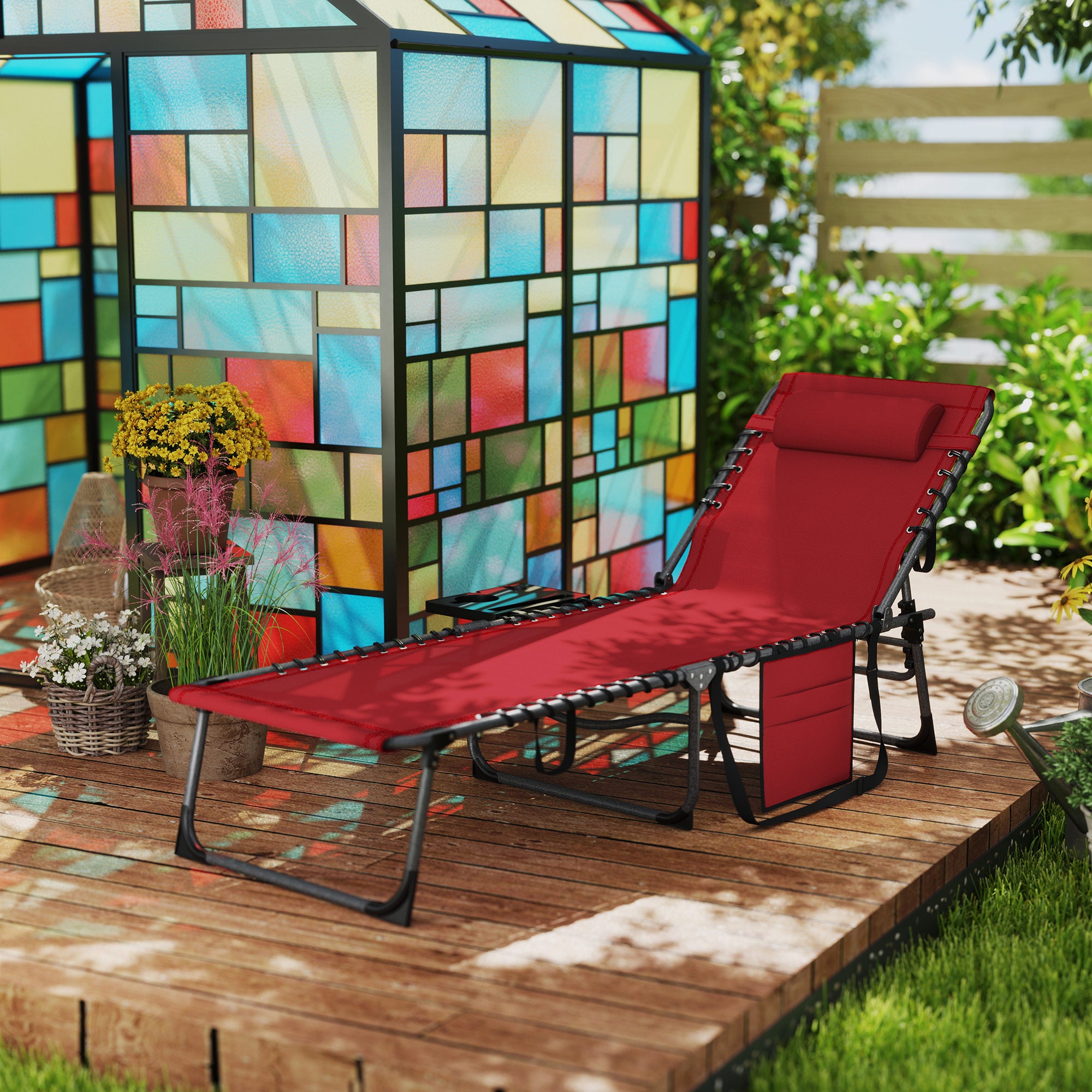 Outsunny Folding Outdoor Lounge Chair with Side Table, 5-Level Adjustable Chaise Lounge Chair, Patio Sun Tanning Chair with Pillow, Side Pocket for Backyard, Beach, Poolside, Red