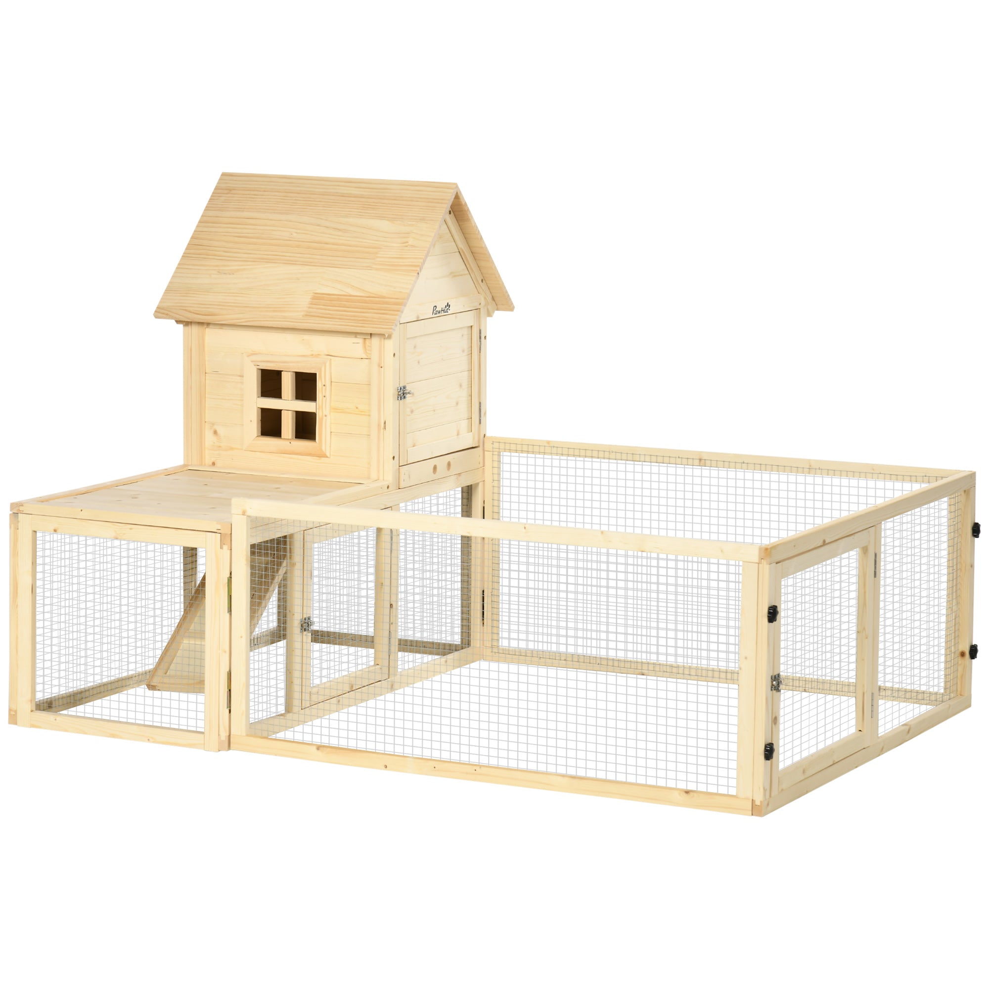PawHut 60" Wooden Rabbit Hutch with Extra Fenced Area, 2 Tier Indoor Pet Playpen, Bunny House Enclosure with Slide-out Tray, Ramp, for Rabbits and Small Animals, Natural