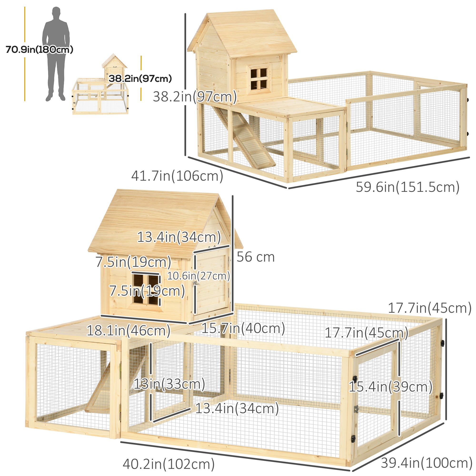 PawHut 60" Wooden Rabbit Hutch with Extra Fenced Area, 2 Tier Indoor Pet Playpen, Bunny House Enclosure with Slide-out Tray, Ramp, for Rabbits and Small Animals, Natural