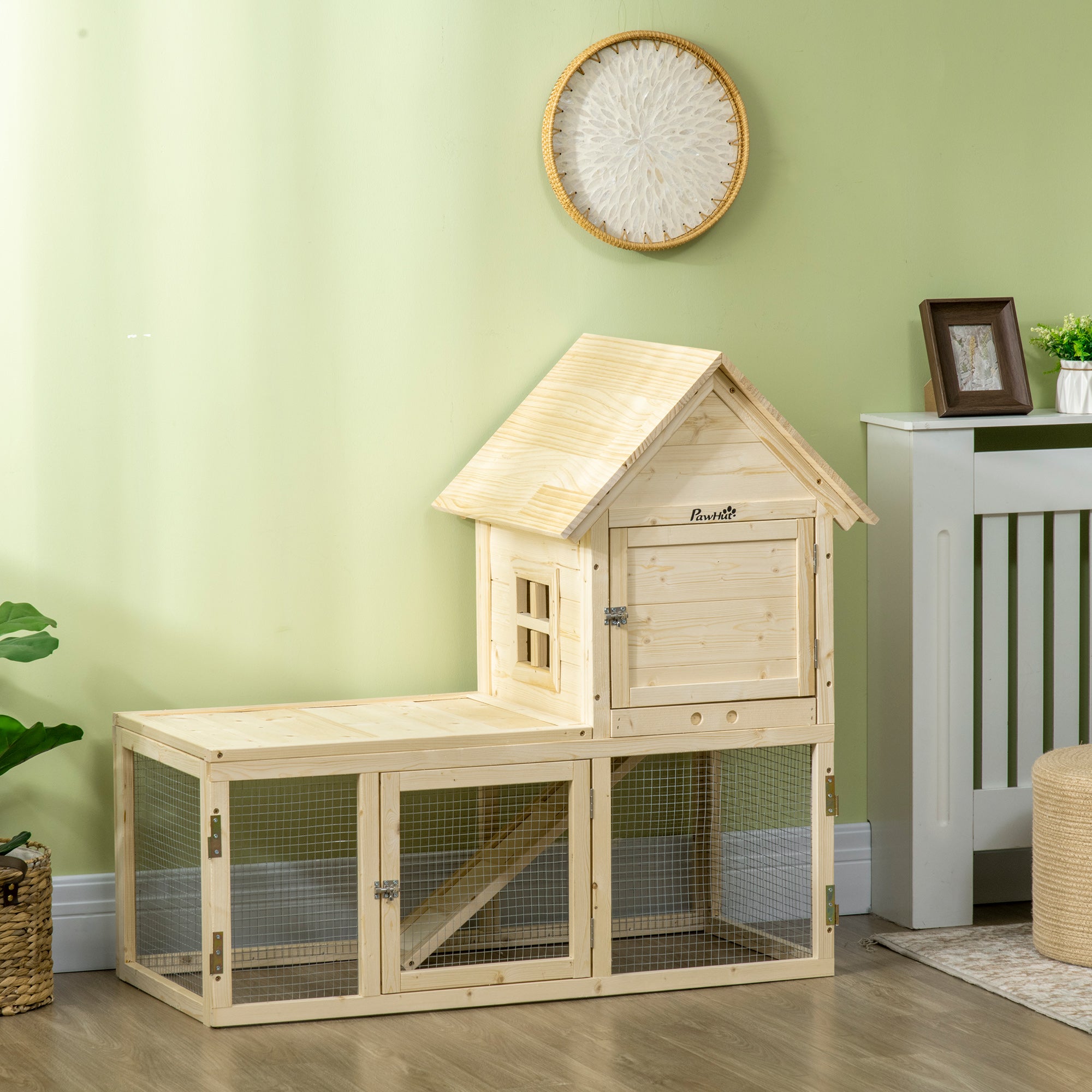 PawHut 60" Wooden Rabbit Hutch with Extra Fenced Area, 2 Tier Indoor Pet Playpen, Bunny House Enclosure with Slide-out Tray, Ramp, for Rabbits and Small Animals, Natural