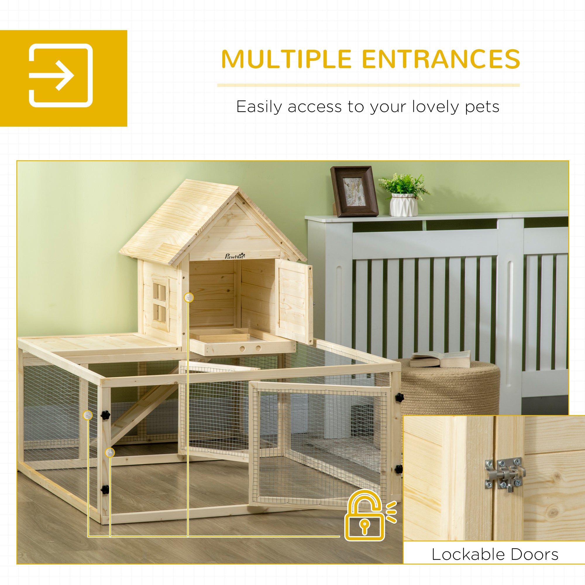 PawHut 60" Wooden Rabbit Hutch with Extra Fenced Area, 2 Tier Indoor Pet Playpen, Bunny House Enclosure with Slide-out Tray, Ramp, for Rabbits and Small Animals, Natural