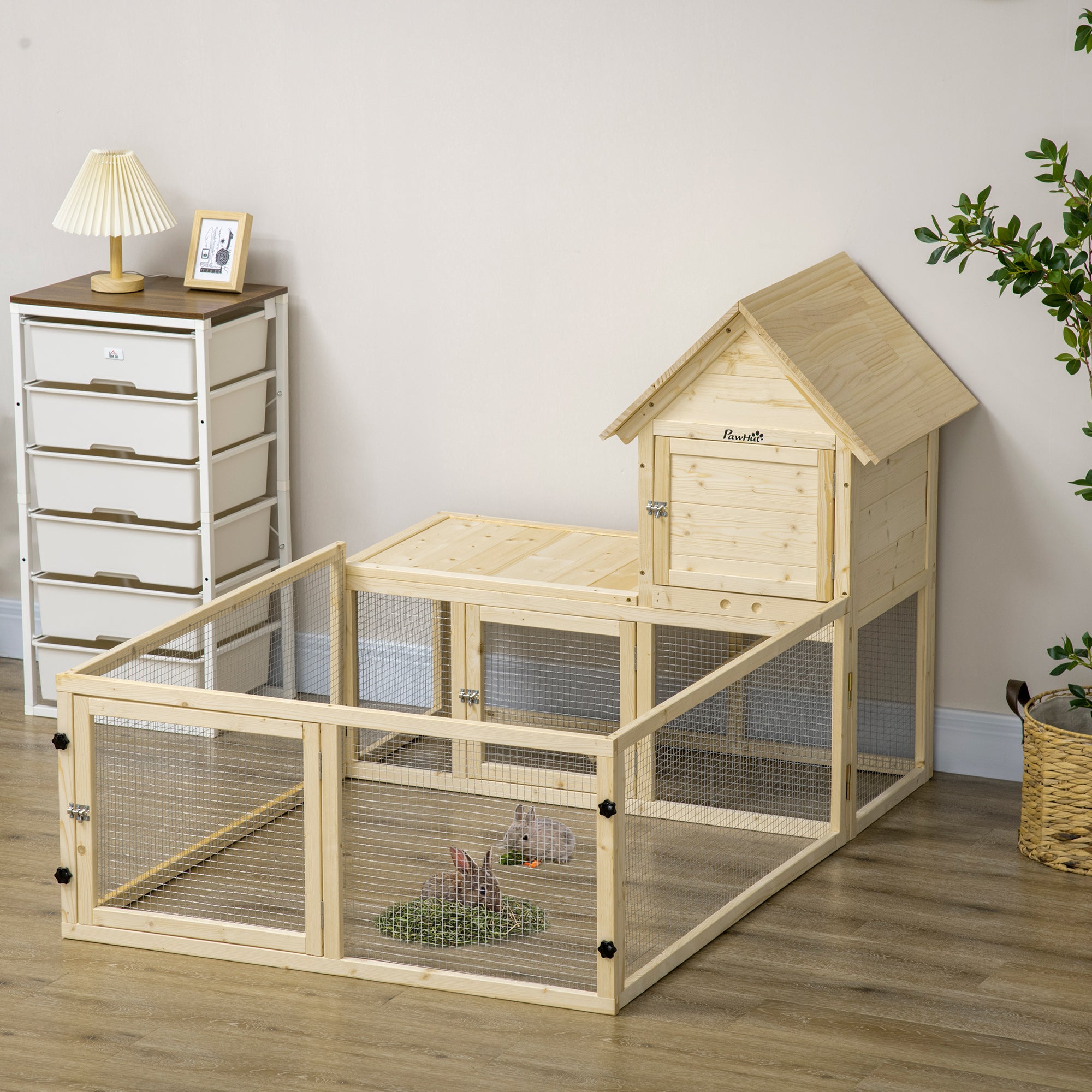 PawHut 60" Wooden Rabbit Hutch with Extra Fenced Area, 2 Tier Indoor Pet Playpen, Bunny House Enclosure with Slide-out Tray, Ramp, for Rabbits and Small Animals, Natural