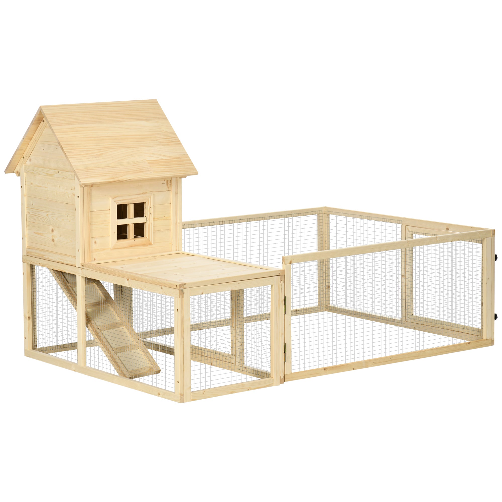 PawHut 60" Wooden Rabbit Hutch with Extra Fenced Area, 2 Tier Indoor Pet Playpen, Bunny House Enclosure with Slide-out Tray, Ramp, for Rabbits and Small Animals, Natural
