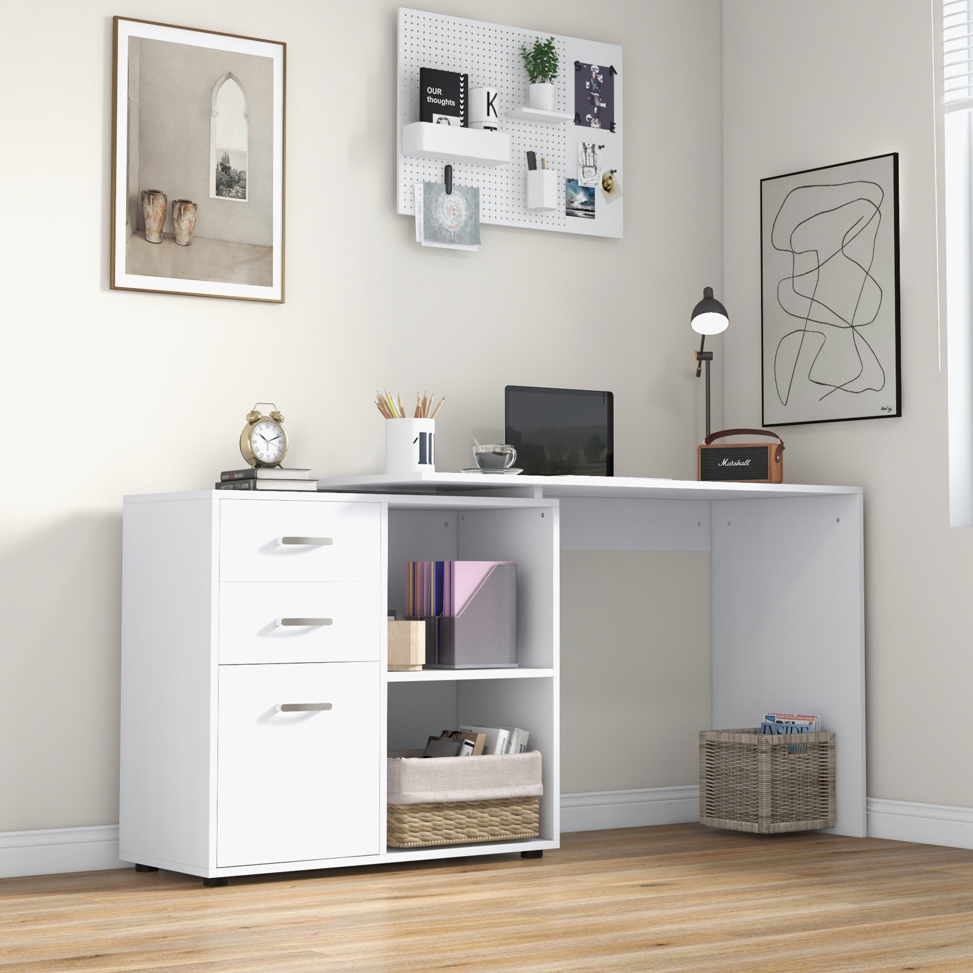 HOMCOM L Shaped Computer Desk, Reversible Home Office Desk with Drawers, File Cabinet and Storage Shelves, Study Table, 117 x 83.5 x 76cm, White