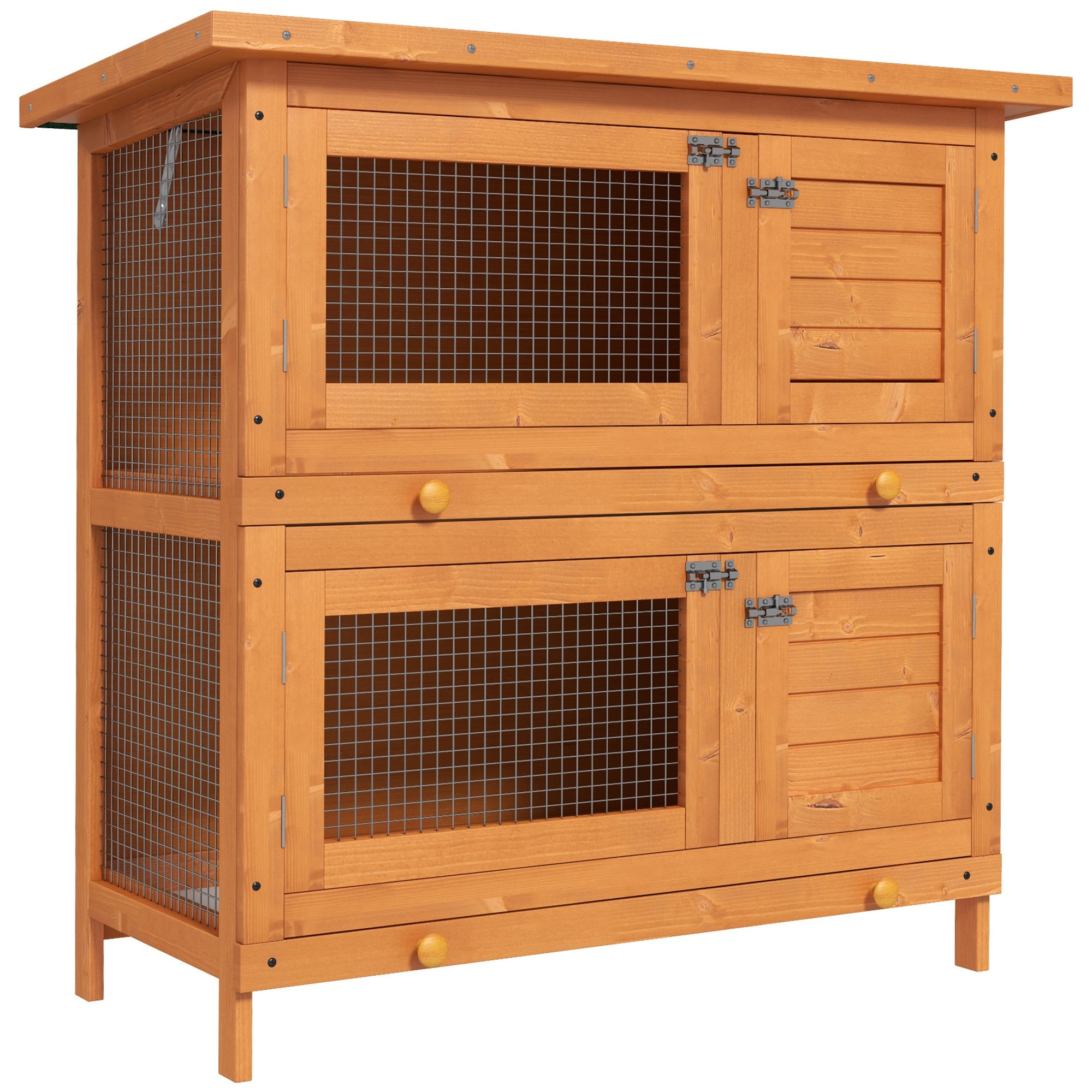 PawHut 2-Tier Wooden Rabbit Hutch Small Animal House Bunny Pet Cage with 2 Main Rooms, Sliding Tray, Opening Top, Yellow