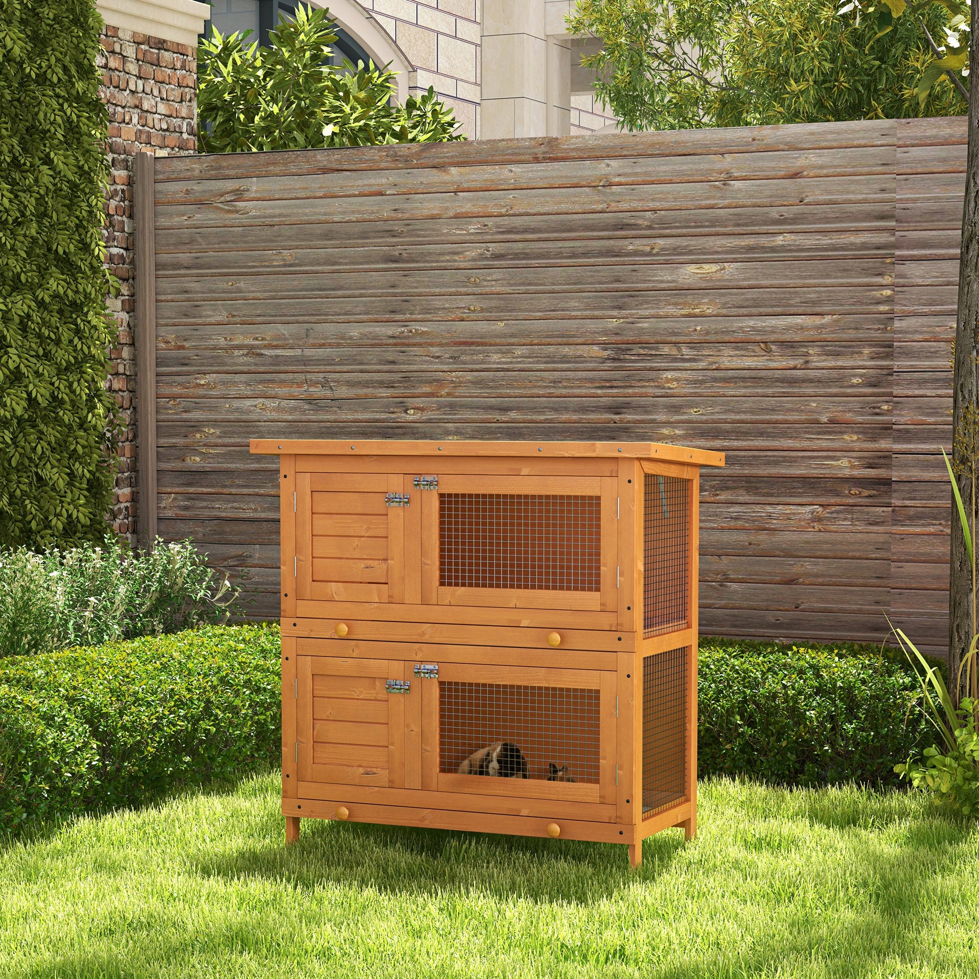 PawHut 2-Tier Wooden Rabbit Hutch Small Animal House Bunny Pet Cage with 2 Main Rooms, Sliding Tray, Opening Top, Yellow