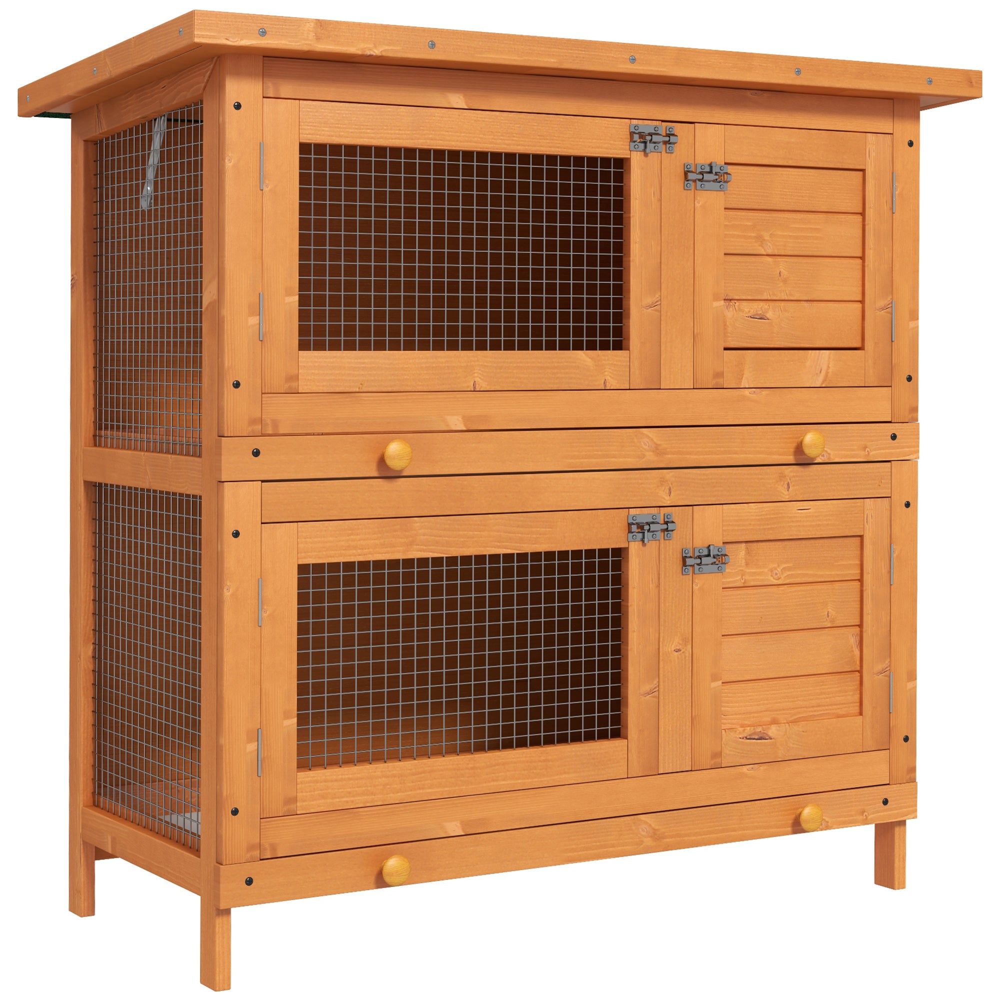 PawHut 2-Tier Wooden Rabbit Hutch Small Animal House Bunny Pet Cage with 2 Main Rooms, Sliding Tray, Opening Top, Yellow