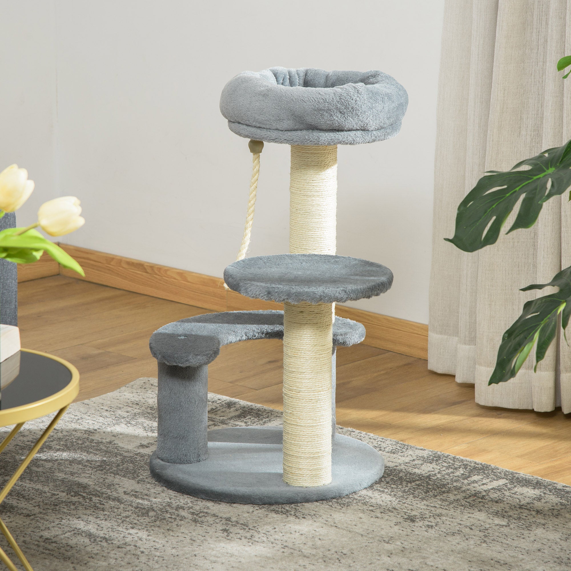 PawHut 26" Cat Scratching Tree Kitty Playhouse Activity Center 2 Perch w/ Sisal Rope Grey