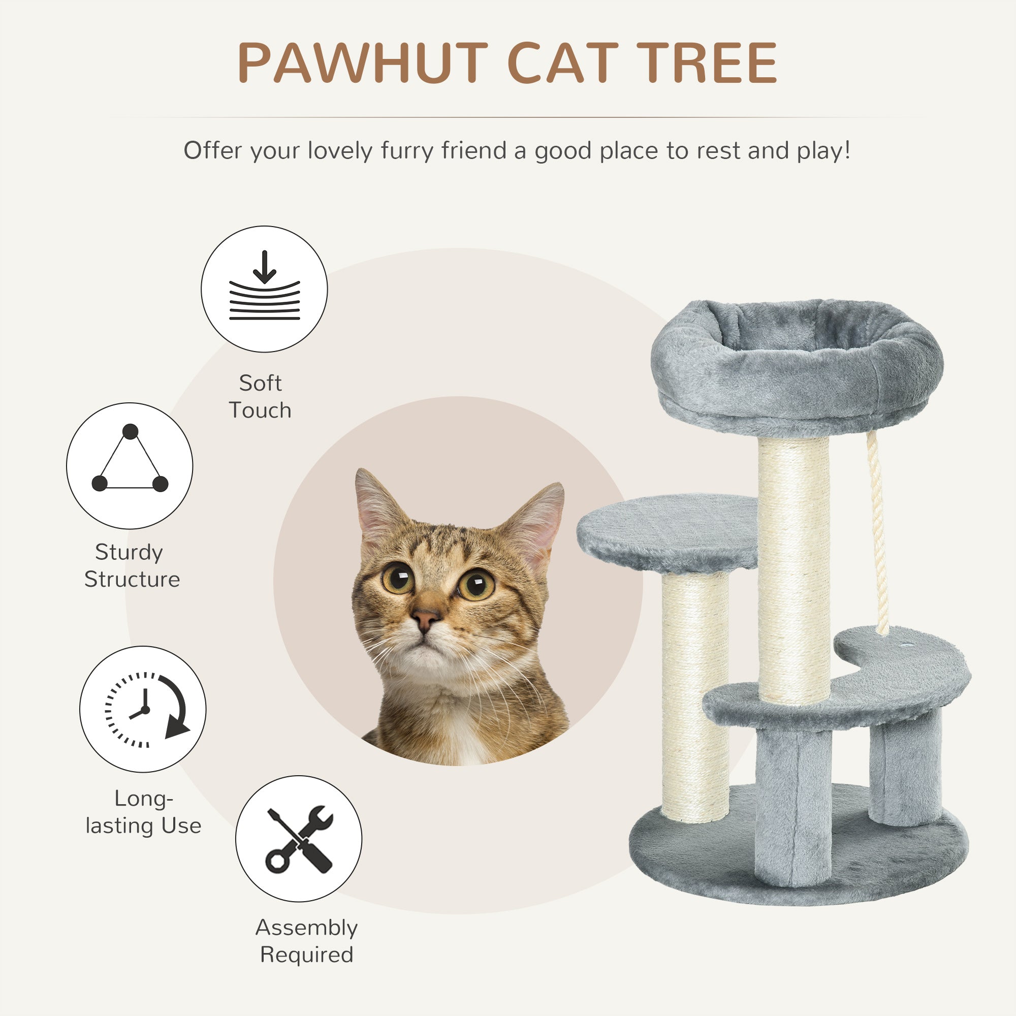 PawHut 26" Cat Scratching Tree Kitty Playhouse Activity Center 2 Perch w/ Sisal Rope Grey