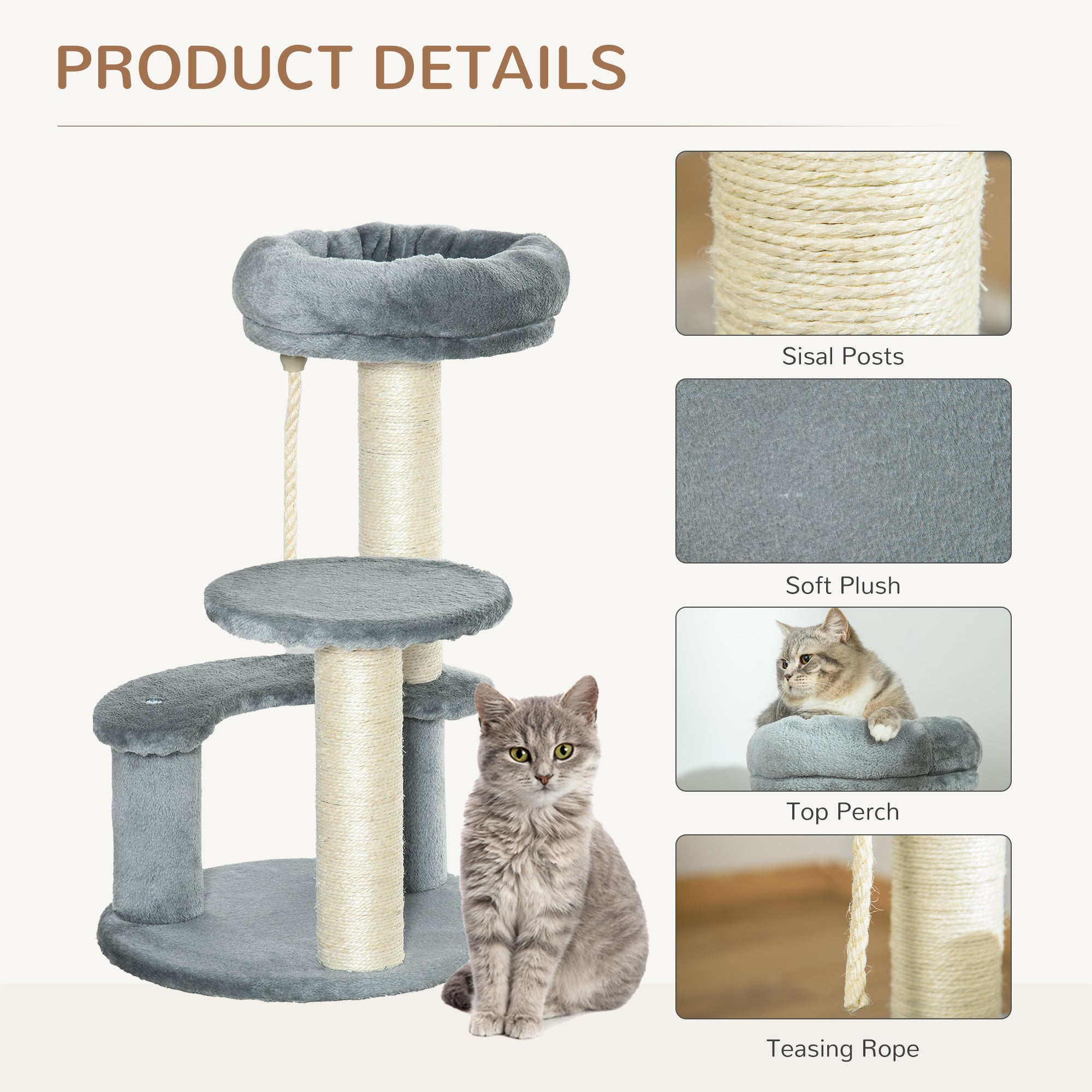 PawHut 26" Cat Scratching Tree Kitty Playhouse Activity Center 2 Perch w/ Sisal Rope Grey