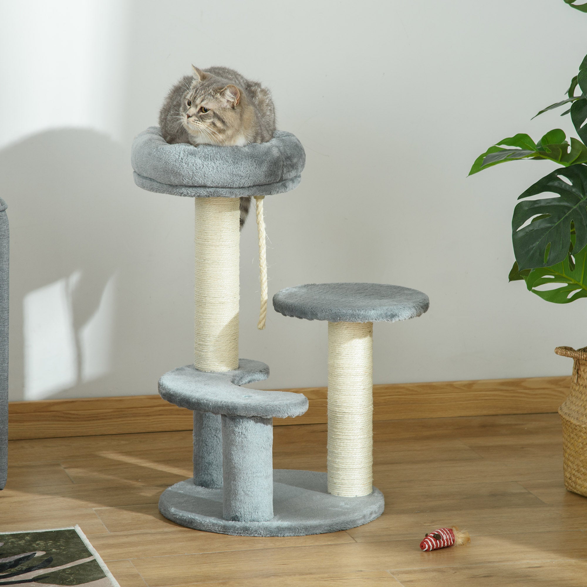 PawHut 26" Cat Scratching Tree Kitty Playhouse Activity Center 2 Perch w/ Sisal Rope Grey
