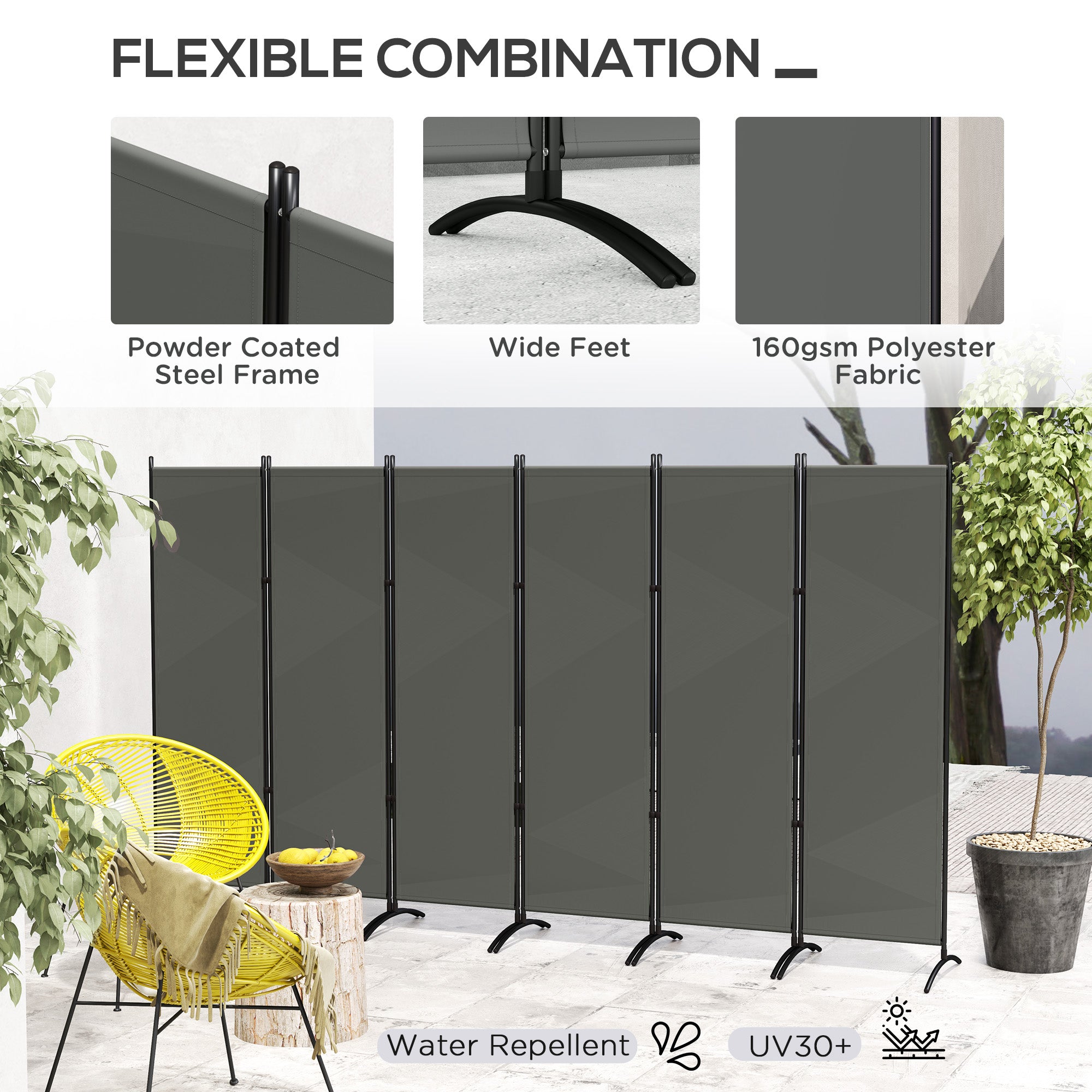 Outsunny 6 Panel Folding Outdoor Privacy Screen, 5.7FT Tall Room Divider with UV30+ Protection, Freestanding Privacy Panel Partition with Stable Base for Indoor Outdoor, Dark Grey