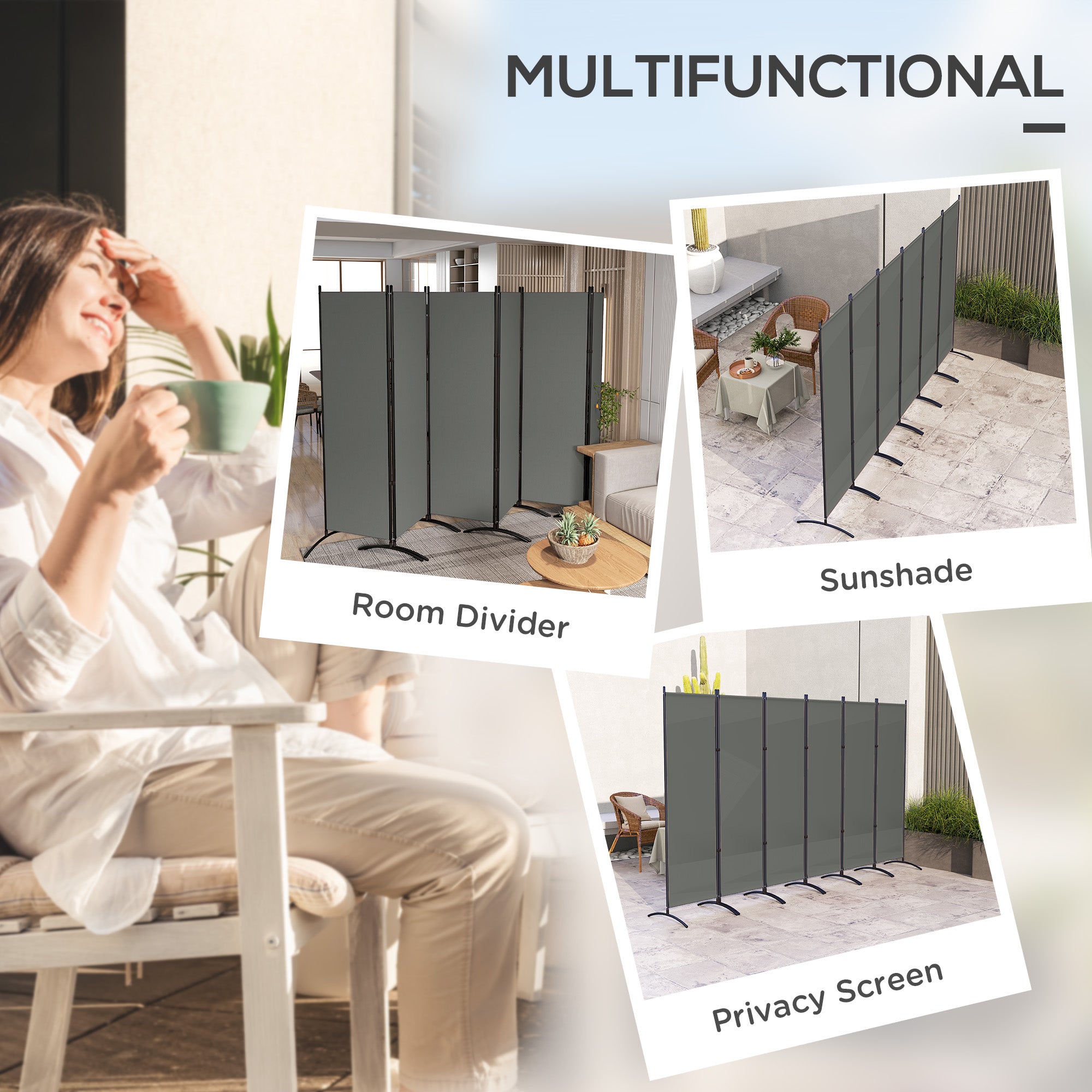 Outsunny 6 Panel Folding Outdoor Privacy Screen, 5.7FT Tall Room Divider with UV30+ Protection, Freestanding Privacy Panel Partition with Stable Base for Indoor Outdoor, Dark Grey