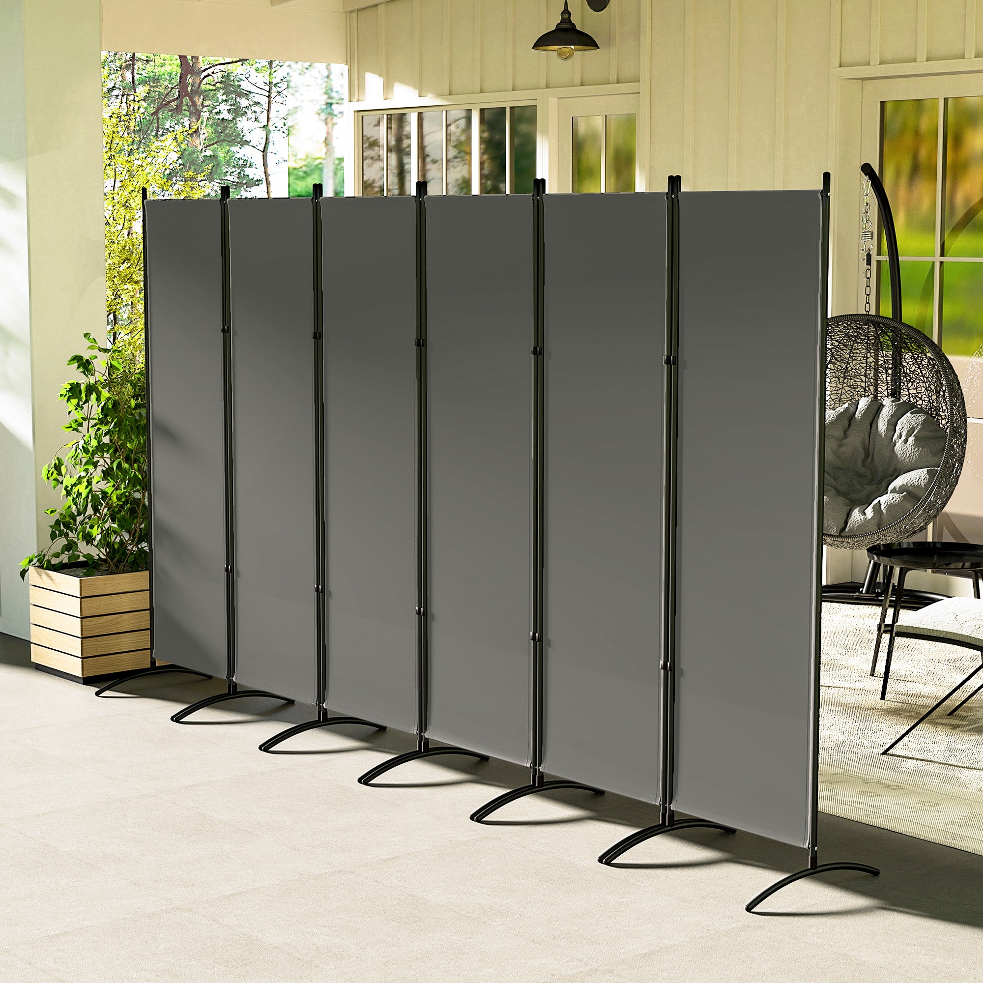 Outsunny 6 Panel Folding Outdoor Privacy Screen, 5.7FT Tall Room Divider with UV30+ Protection, Freestanding Privacy Panel Partition with Stable Base for Indoor Outdoor, Dark Grey