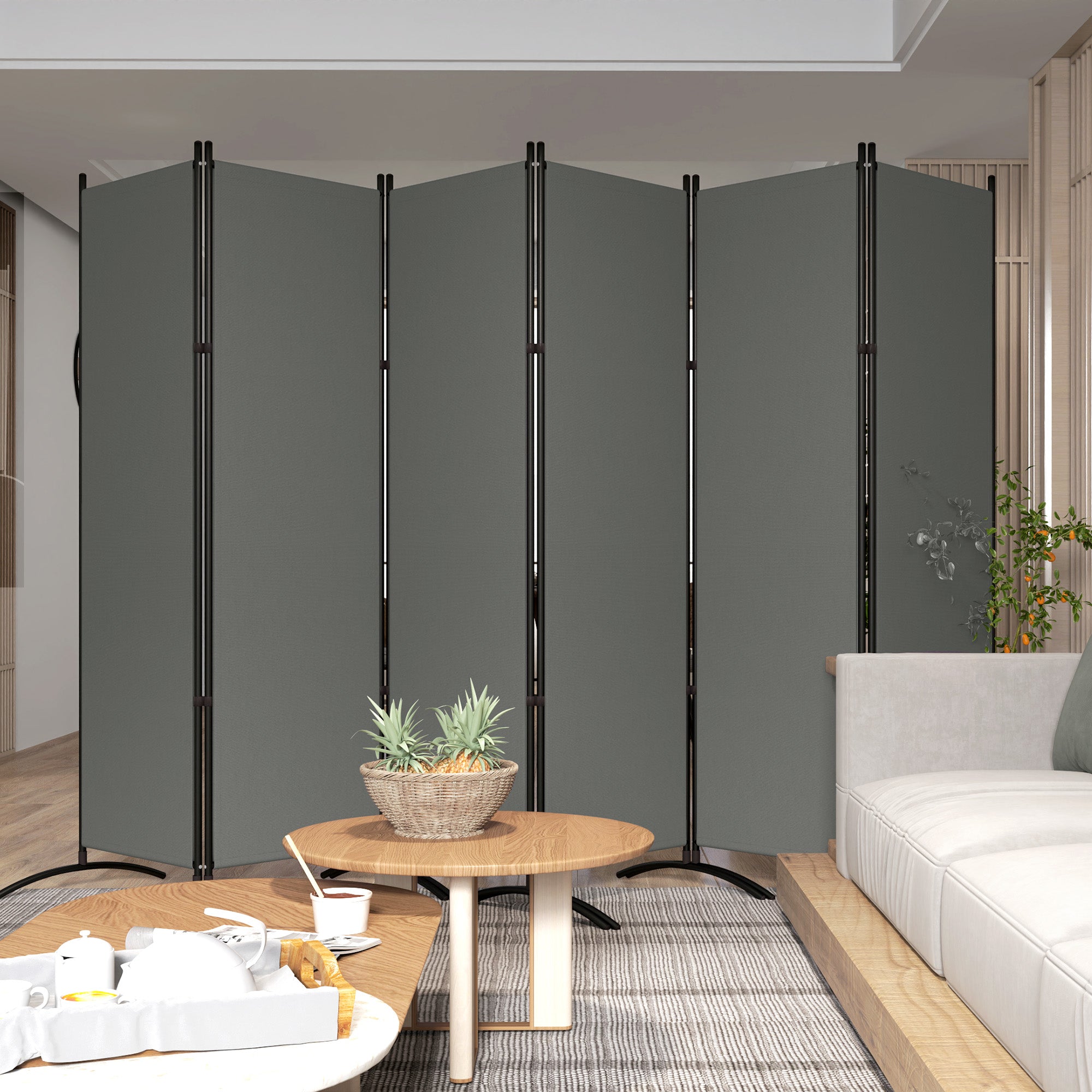 Outsunny 6 Panel Folding Outdoor Privacy Screen, 5.7FT Tall Room Divider with UV30+ Protection, Freestanding Privacy Panel Partition with Stable Base for Indoor Outdoor, Dark Grey