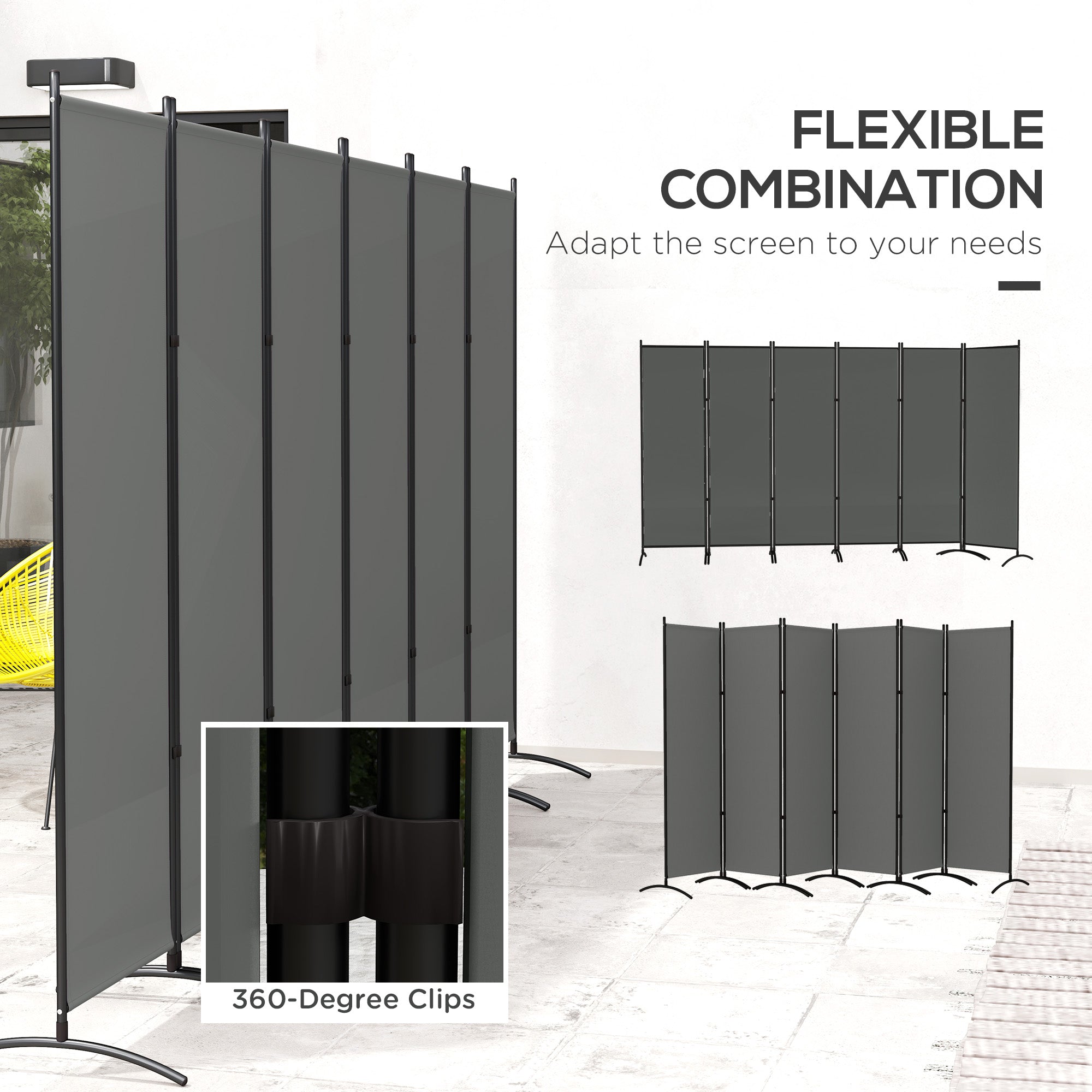 Outsunny 6 Panel Folding Outdoor Privacy Screen, 5.7FT Tall Room Divider with UV30+ Protection, Freestanding Privacy Panel Partition with Stable Base for Indoor Outdoor, Dark Grey