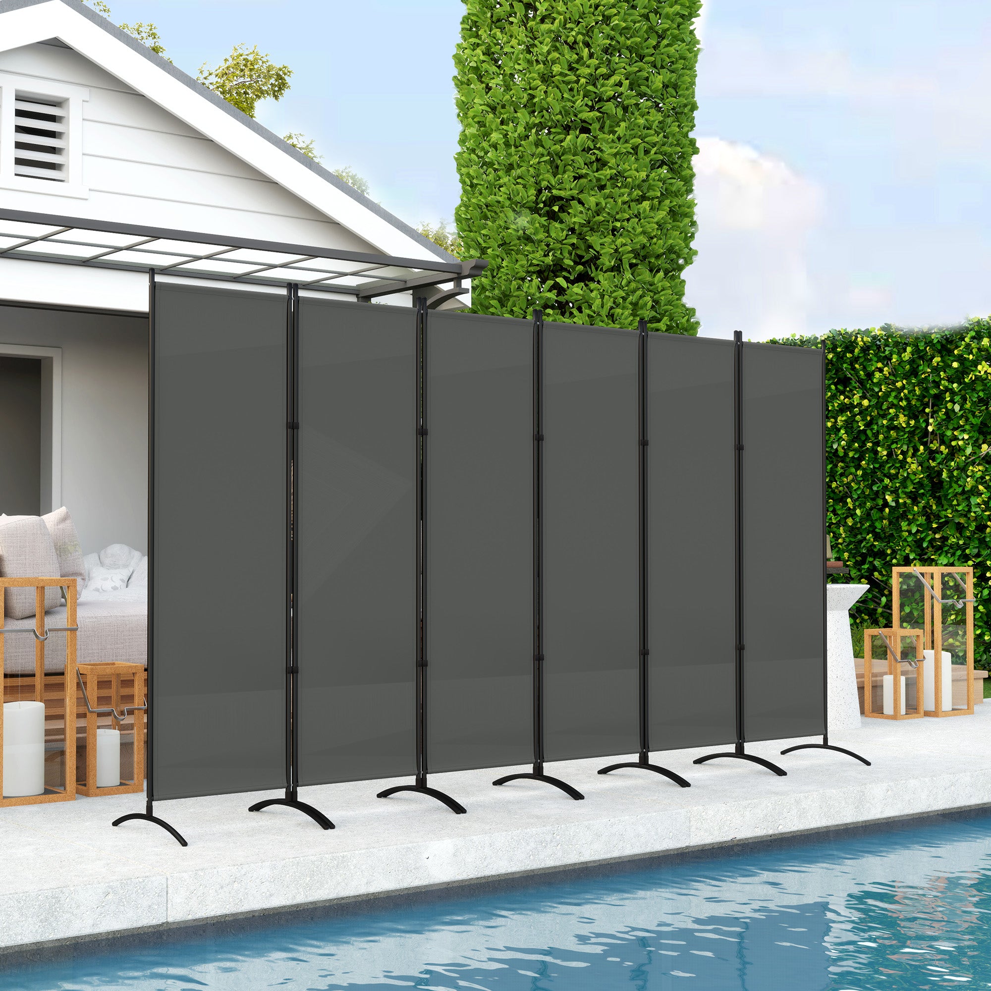 Outsunny 6 Panel Folding Outdoor Privacy Screen, 5.7FT Tall Room Divider with UV30+ Protection, Freestanding Privacy Panel Partition with Stable Base for Indoor Outdoor, Dark Grey
