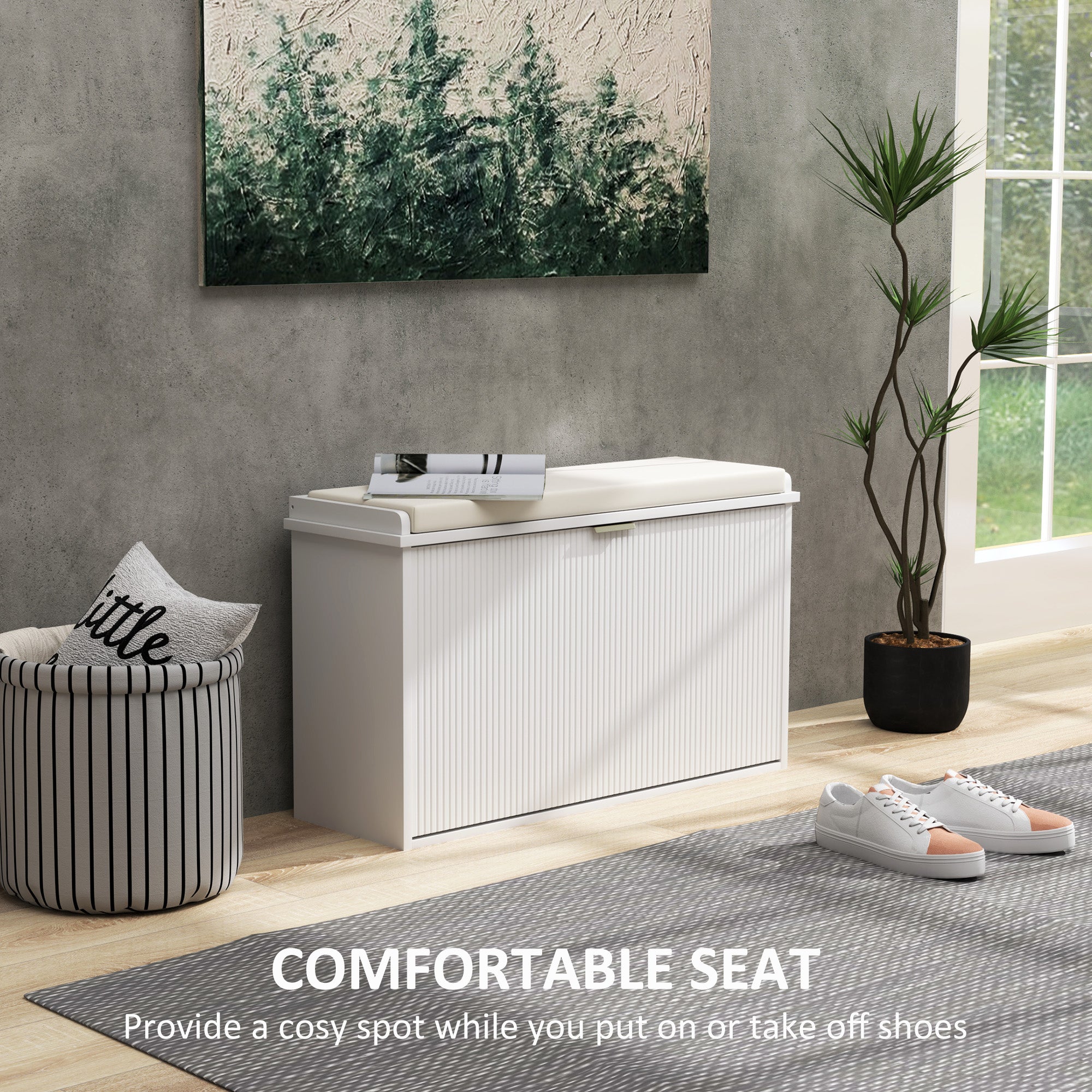 HOMCOM Shoe Bench with Padded Seat Cushion and Flip-Drawer, Entryway Bench Holds up to 265lb, Shoe Organizer for 8 Pairs of Shoes, 31.5 x 10.2 x 18.7 Inches, White