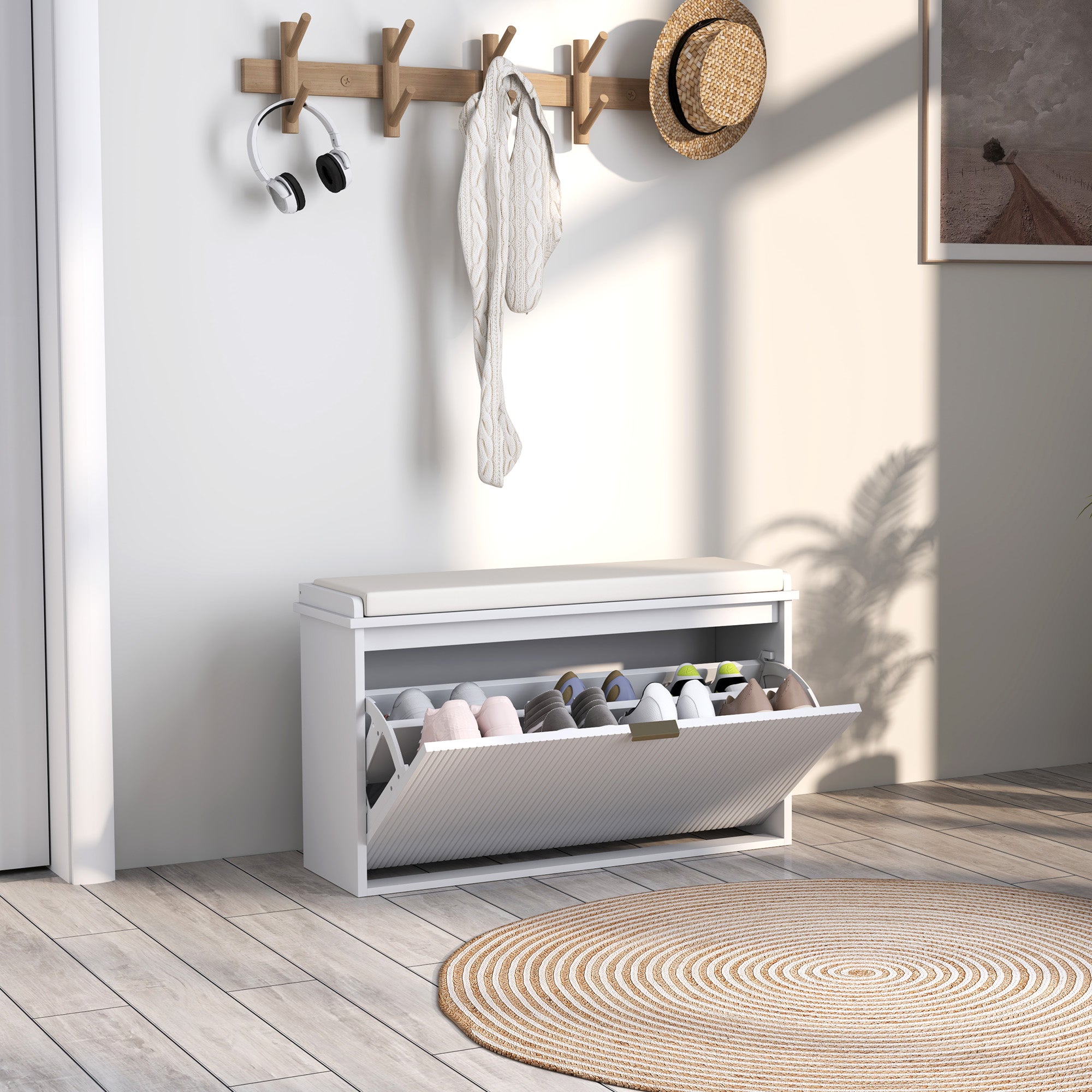 HOMCOM Shoe Bench with Padded Seat Cushion and Flip-Drawer, Entryway Bench Holds up to 265lb, Shoe Organizer for 8 Pairs of Shoes, 31.5 x 10.2 x 18.7 Inches, White